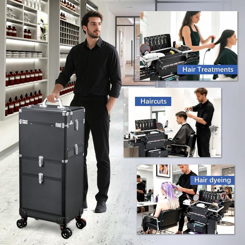 Salon Cart with 4 Drawers - Portable Rolling Hair Stylist Station | Makeup Train Case with Worktop Tray