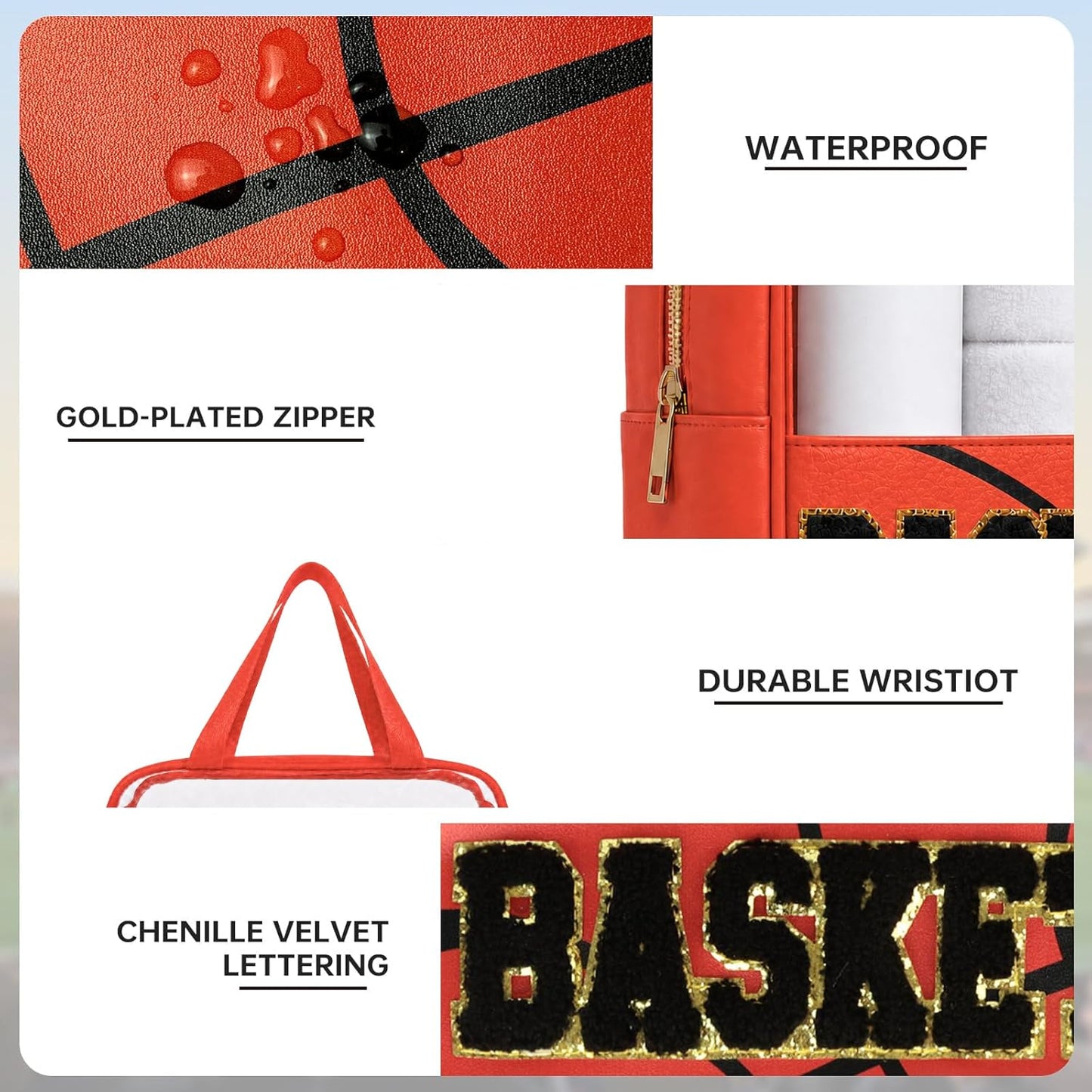 Basketball Makeup Bag - Clear Chenille Cosmetic Pouch with Zipper | Portable Travel Toiletry Bag for Women