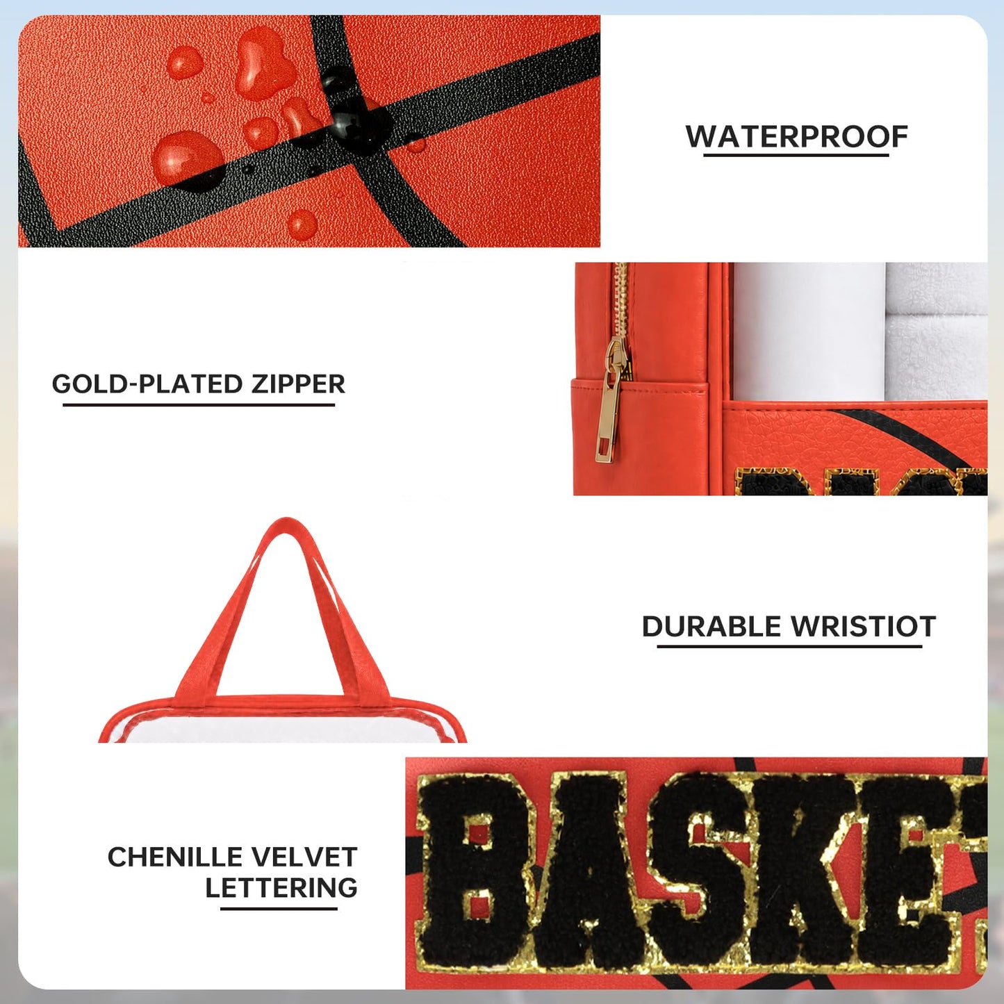 PPeen Basketball Makeup Bag for Women, Clear Chenille Letter Cosmetic Pouch with Zipper, Portable Travel Toiletry Bag, Basketball Gift for Girls