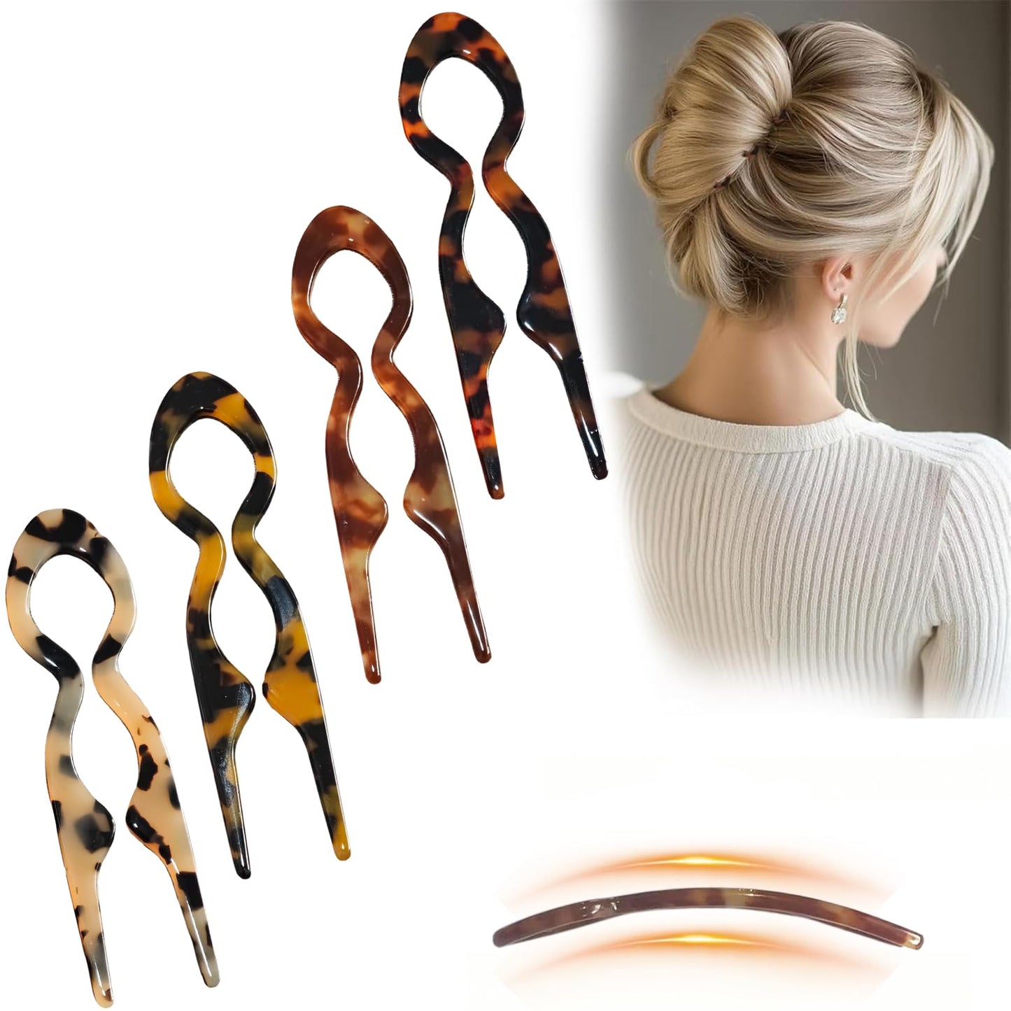 Prestige French Hair Pins - 4 PCS Tortoise Shell Hair Accessories for Updos & Buns | Strong Hold Acetate, 3.73”