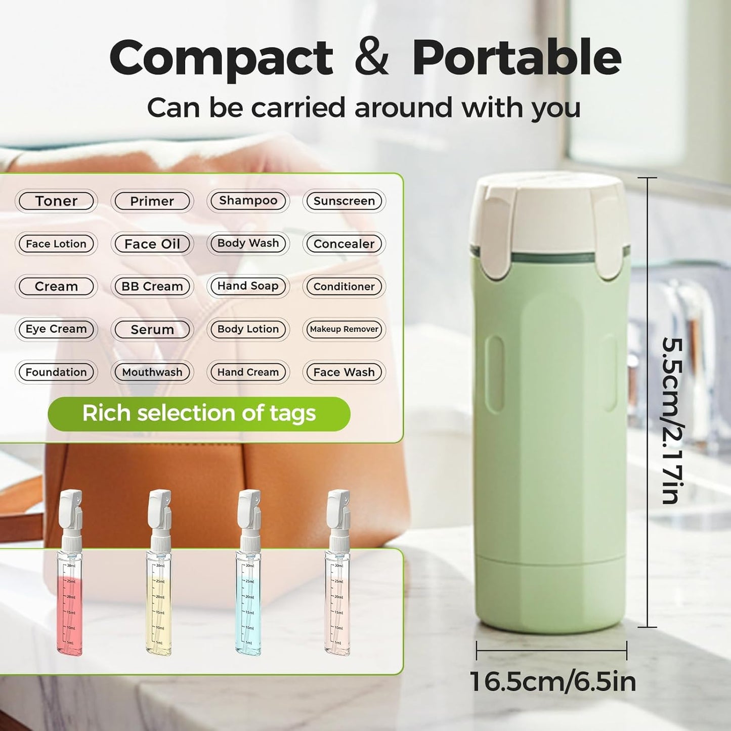 Travel Dispenser Bottle - 4 in 1 Leak-Proof Toiletries Container | Compact Shampoo & Conditioner Set (White)