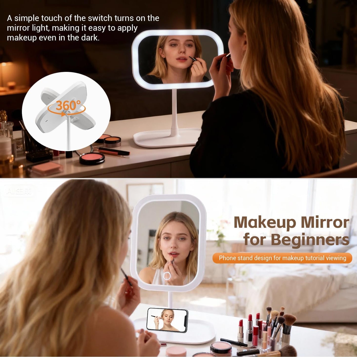 LED Makeup Mirror with Touch-Sensitive Controls - 270° Rotation, 3 Light Colors | Portable & Rechargeable