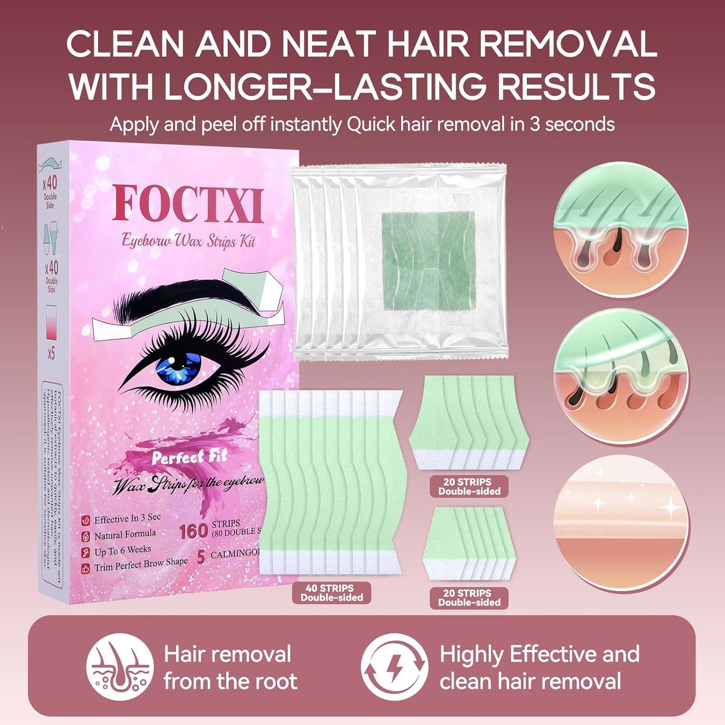 Facial Wax Strips Kit - 80 Hypoallergenic Eyebrow Wax Strips for Hair Removal | 5 Calming Oil Wipes Included, All Skin Types
