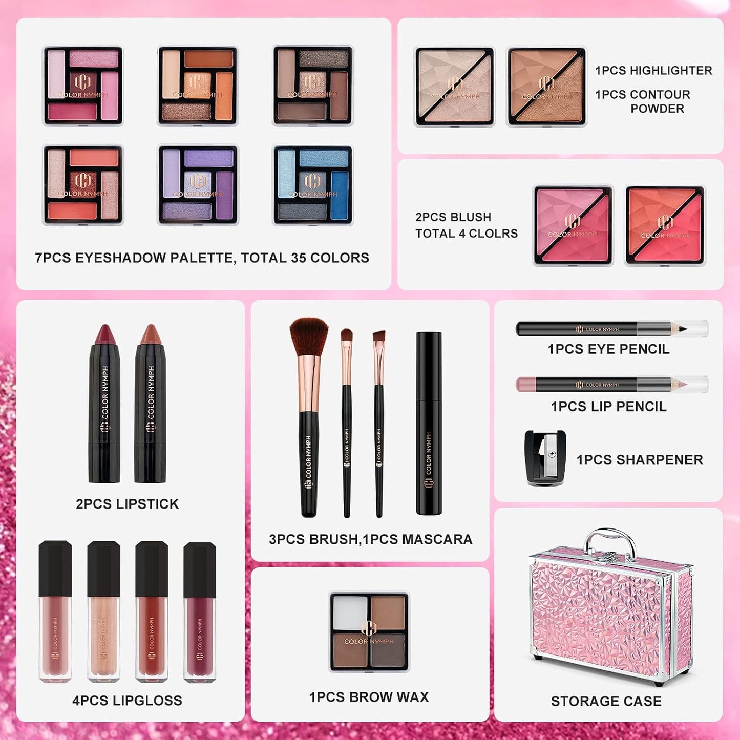 Color Nymph Makeup Kit for Tweens - Complete Pink Starter Set with Eye Shadow, Lipstick, Blush & Brushes