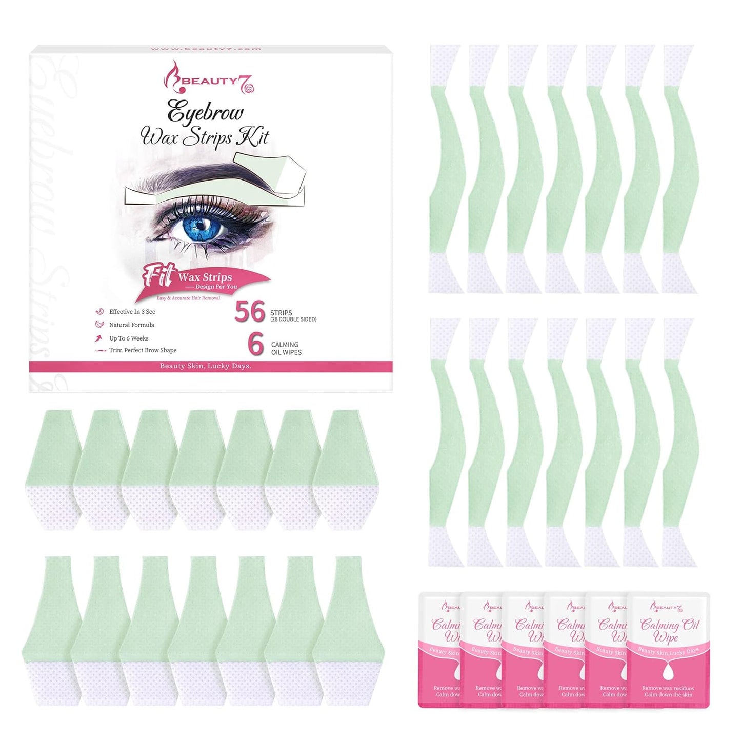 Eyebrow Wax Strips for Women - Facial Hair Removal | 56 Large Strips + 6 Calming Oil Wipes
