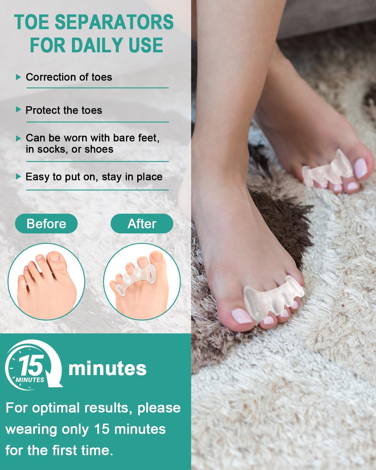 Toe Spacers Silicone Gel Separators - Soft Bunion & Hammer Toe Correctors | Clear, 2 Pairs for Foot Relief