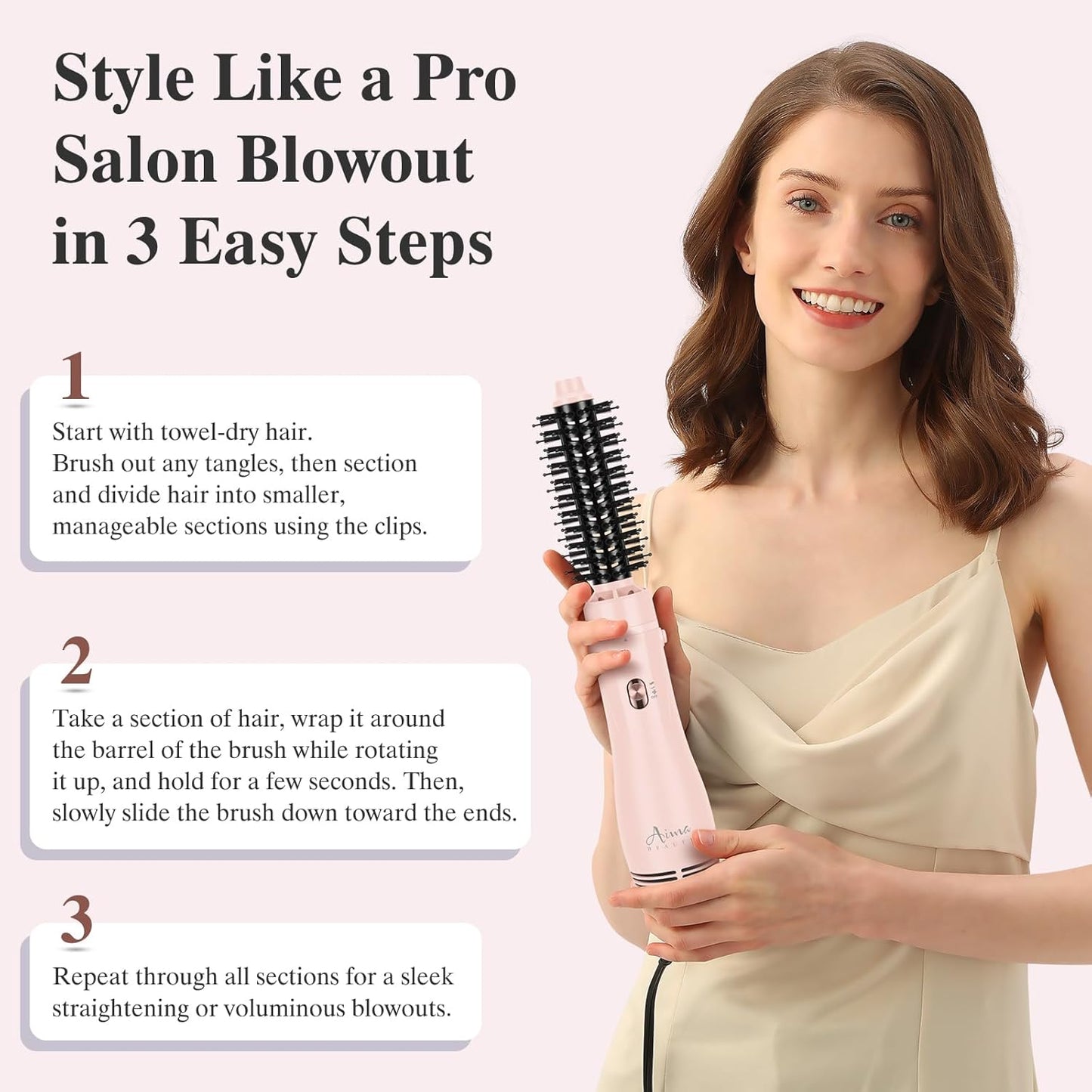 Aima Beauty Blow Dryer Brush Set - 4-in-1 Ionic Round Brush for Shine, Smoothness & Volume | Interchangeable 1” & 1.25” Barrels, Pink