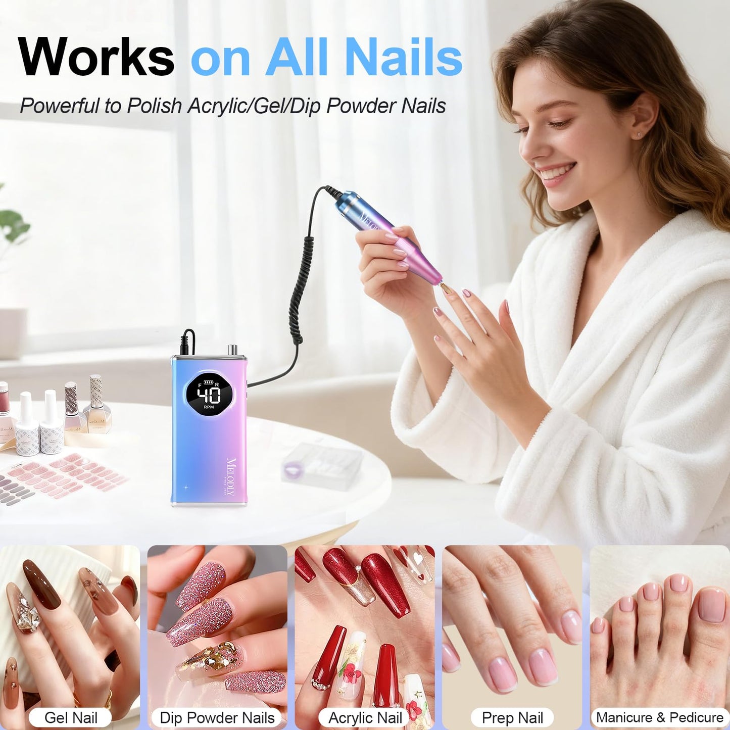 Electric Nail Drill File Professional 40000 RPM, Melodly Rechargeable Electric Nail File Machine Kit for Acrylic Gel Nails Polishing Removing, Portable Cordless Efile with Gold Bits at Salon Home