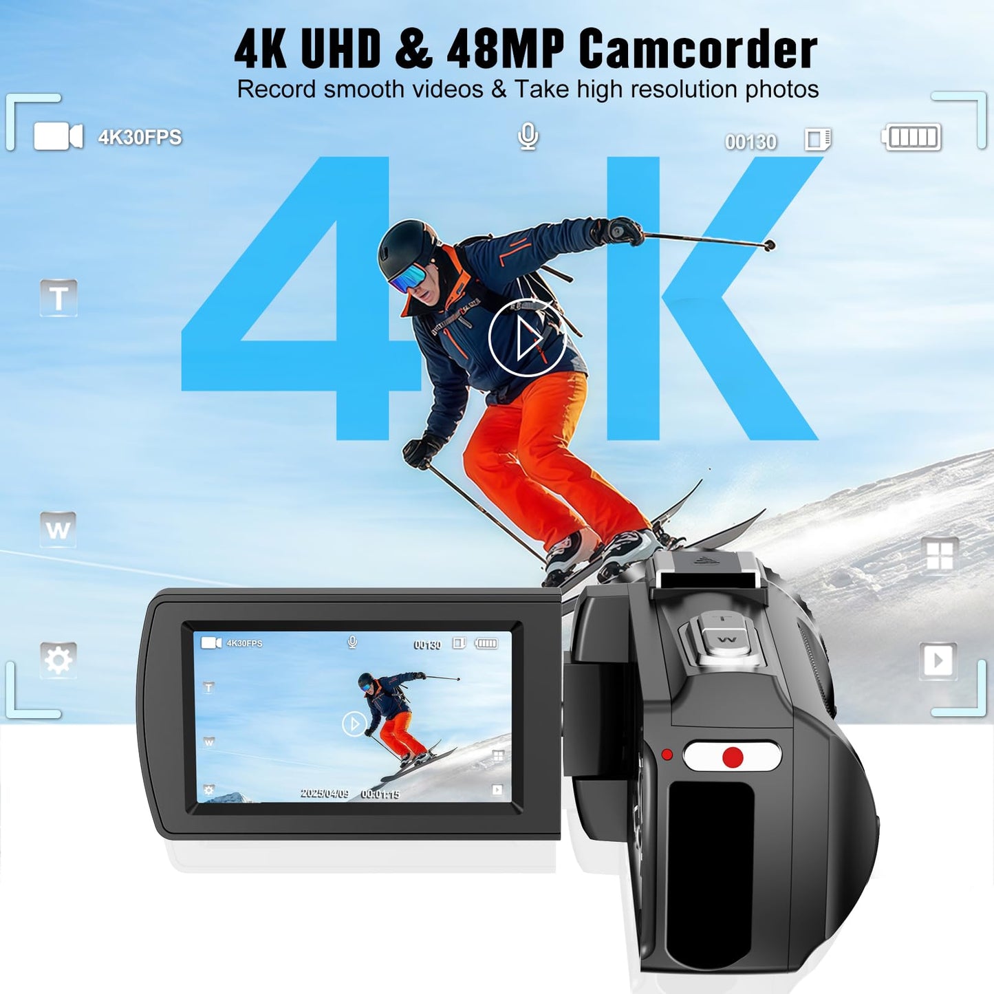 lovpo Camcorder Video Camera 4K 48MP HD Camera Recorder, 18X Digital Zoo 3" Touch Screen Vlogging Camera for YouTube with Microphone, Stabilizer, Lens Hood, Remote and 2 Batteries