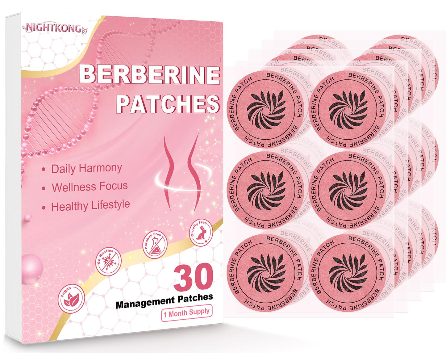 NightKong Berberine Patches for Women & Men – with Berberine, Green Tea, Cinnamon & L-Glutamine, Self Care Patch for Daily Routine – 30 Patches