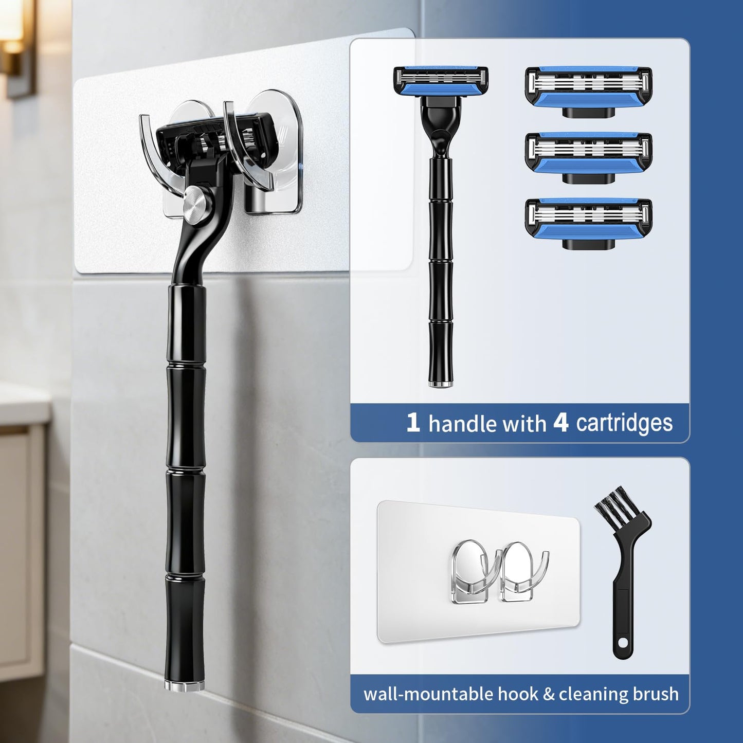 FYNEDGE Men's Razor Blade Refills, 4 Count, 3-Layer Ceramic Coated Blades with Lubricating Strip, Matching Handle, Wall Hook & Cleaning Brush Included for Smooth Shaving