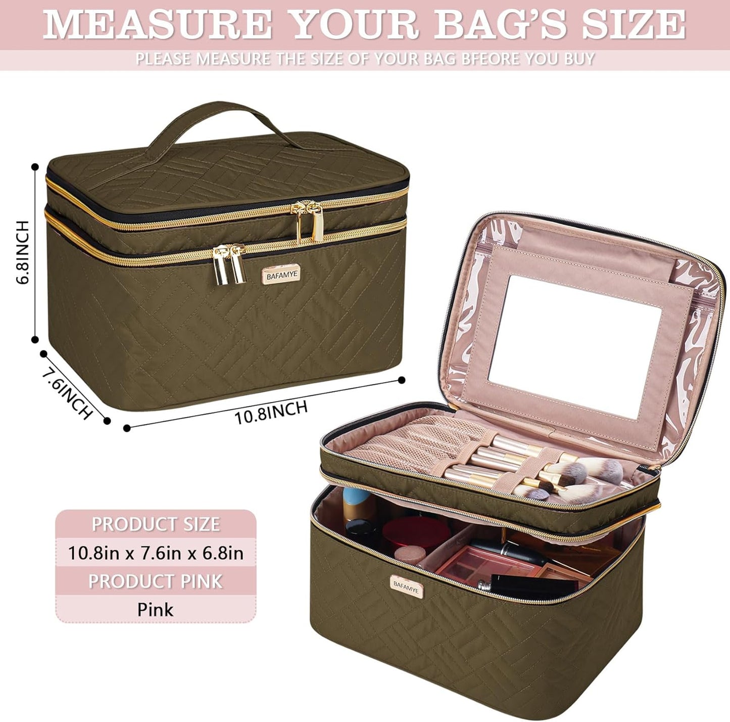 Double Layer Travel Makeup Bag With Mirror - 8.8L Large Cosmetic Organizer for Women | Brown