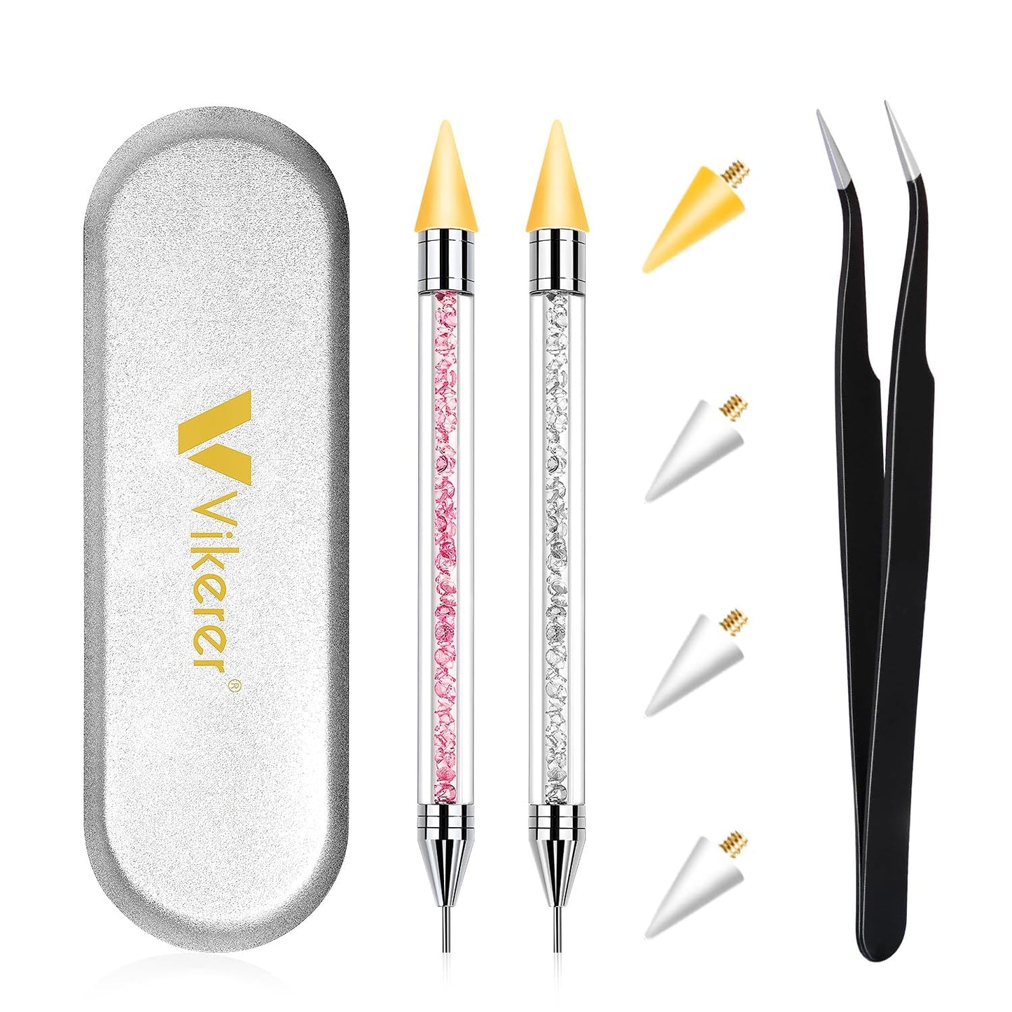 Vikerer Rhinestone Picker Tool, Dual-ended Rhinestones Applicator Nail Art Design Tool, 2 Pack Acrylic Handle Nail Pen with 4 Extra Wax Tips and1 Tweezer