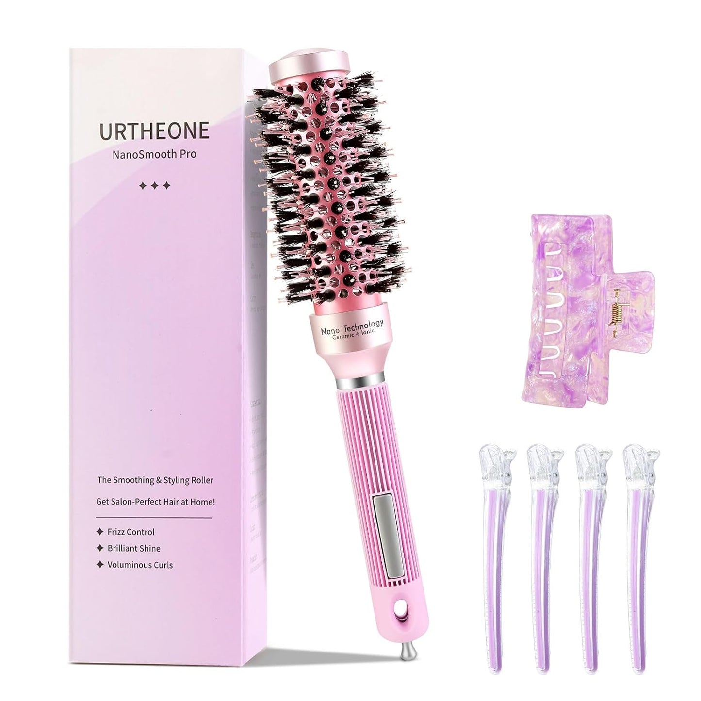 Round Hair Brush - Mixed Boar & Plastic Bristles for Salon-Style | 1.7-Inch Ceramic, Includes 4 Hair Clips