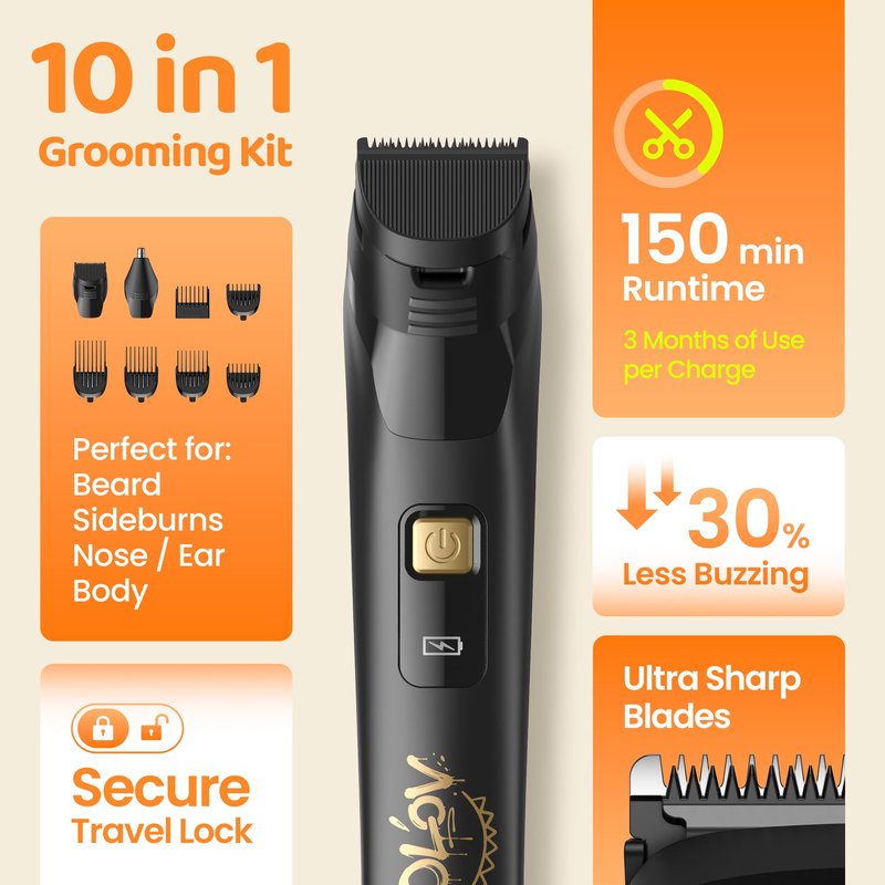 OLOV LITE Electric Beard Trimmer for Men,Nose Hair Trimmer & Men's Electric Razor 10-in-1 Grooming Kit Cordless Shaver Gift-Ready for Men(Black)