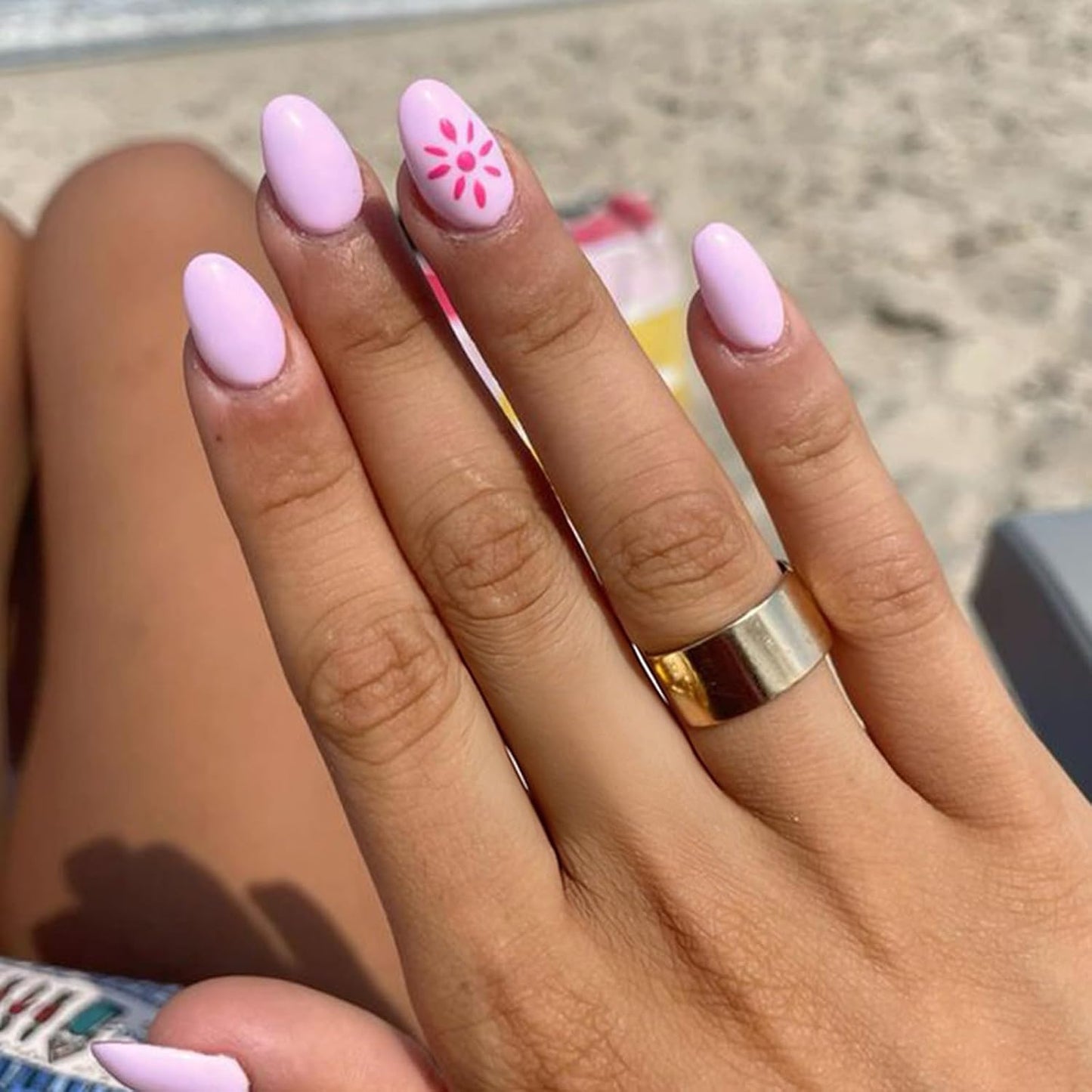 Press On Nails - Medium Oval Pink Fake Nails with Summer Designs | 24 Pcs Reusable Glossy Full Cover