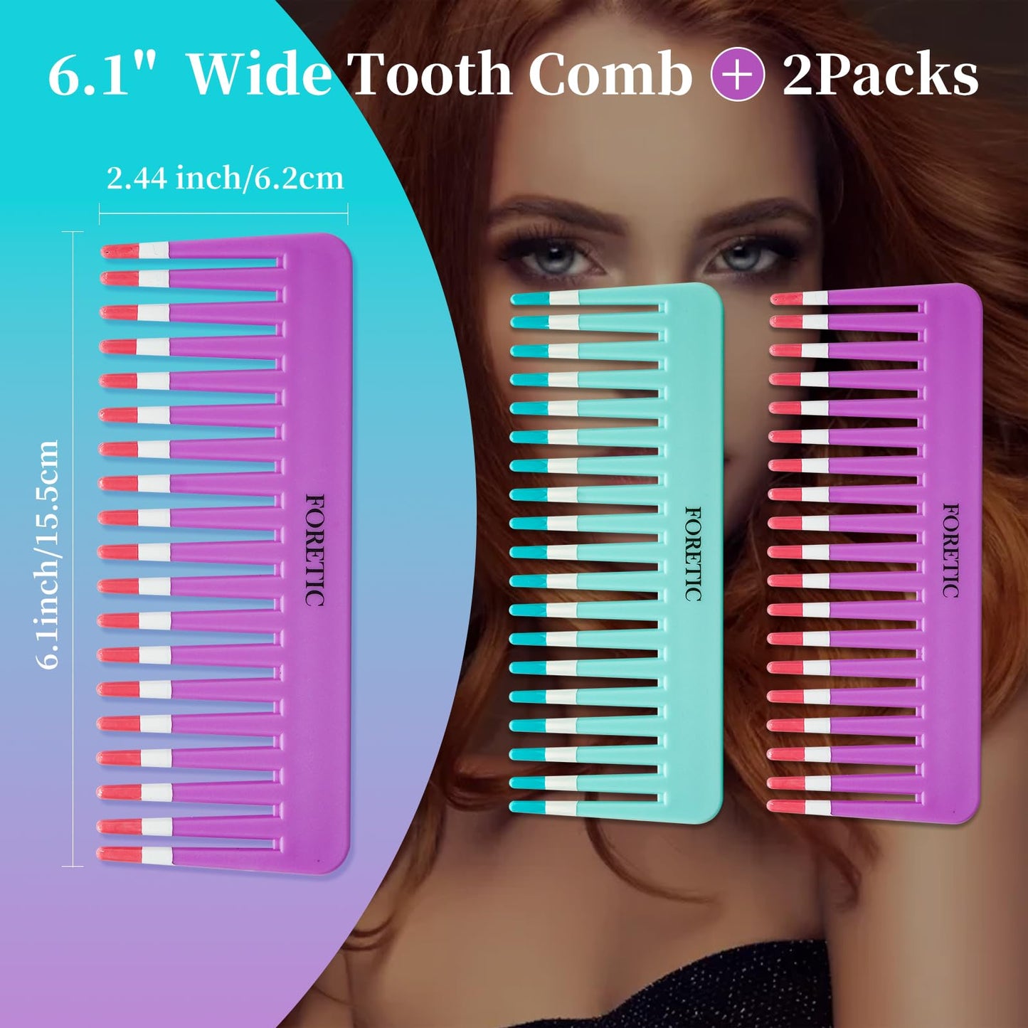 Foretic 2-Pack Wide-Tooth Anti-Static Comb Set-6.1inch Handle-Free Design, Suitable for Curly, Wet & Dry Hair, Portable Travel Detangling Comb (Purple+Blue)