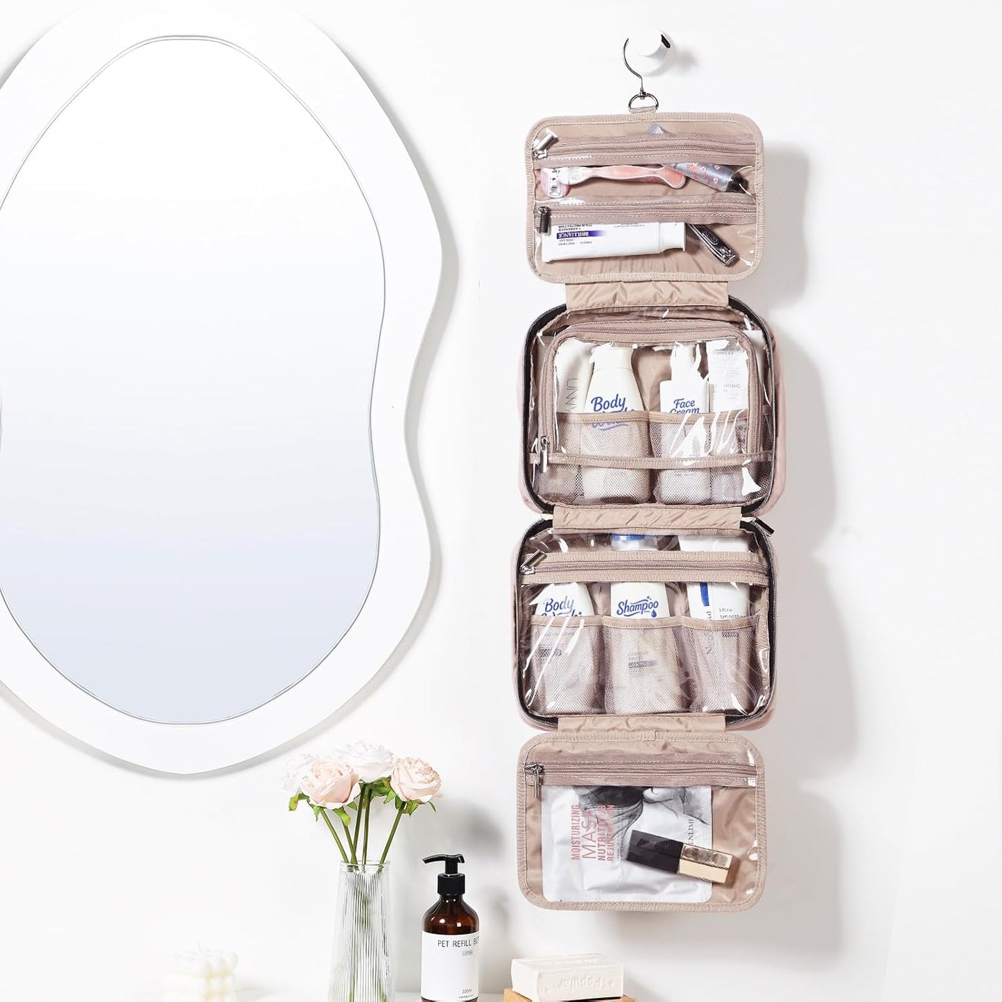 NISHEL Travel Toiletry Bag - Portable Hanging Organizer for Shampoo, Conditioner & Makeup | Medium Pink