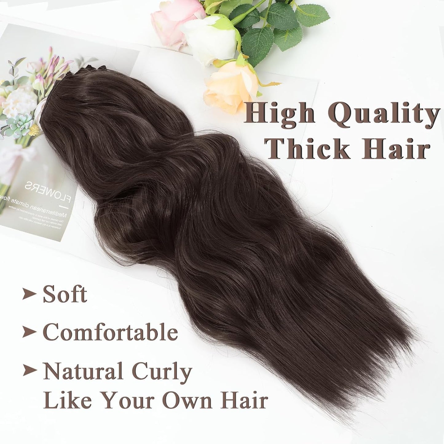 NAYOO 4PCS Brown Clip in Hair Extensions Long Wavy Curly Synthetic Thick Hairpieces for Women with Fiber Double Weft Hair Full Head（20 inch, Brown）