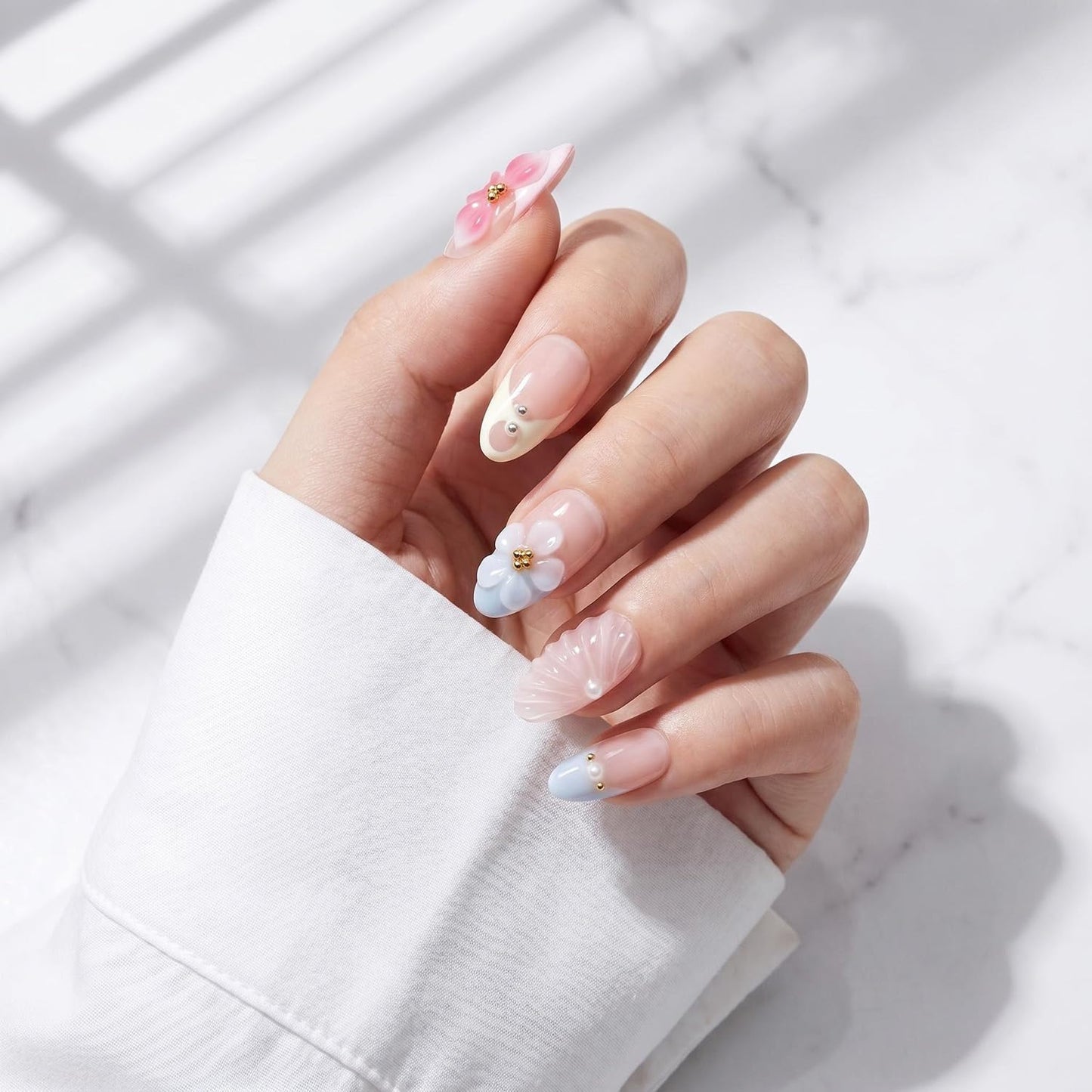 Handmade Short Almond Press On Nails - Easy Apply & Remove | Reusable Nude French Nails with Blue 3D Floral Accents (10 Pcs)