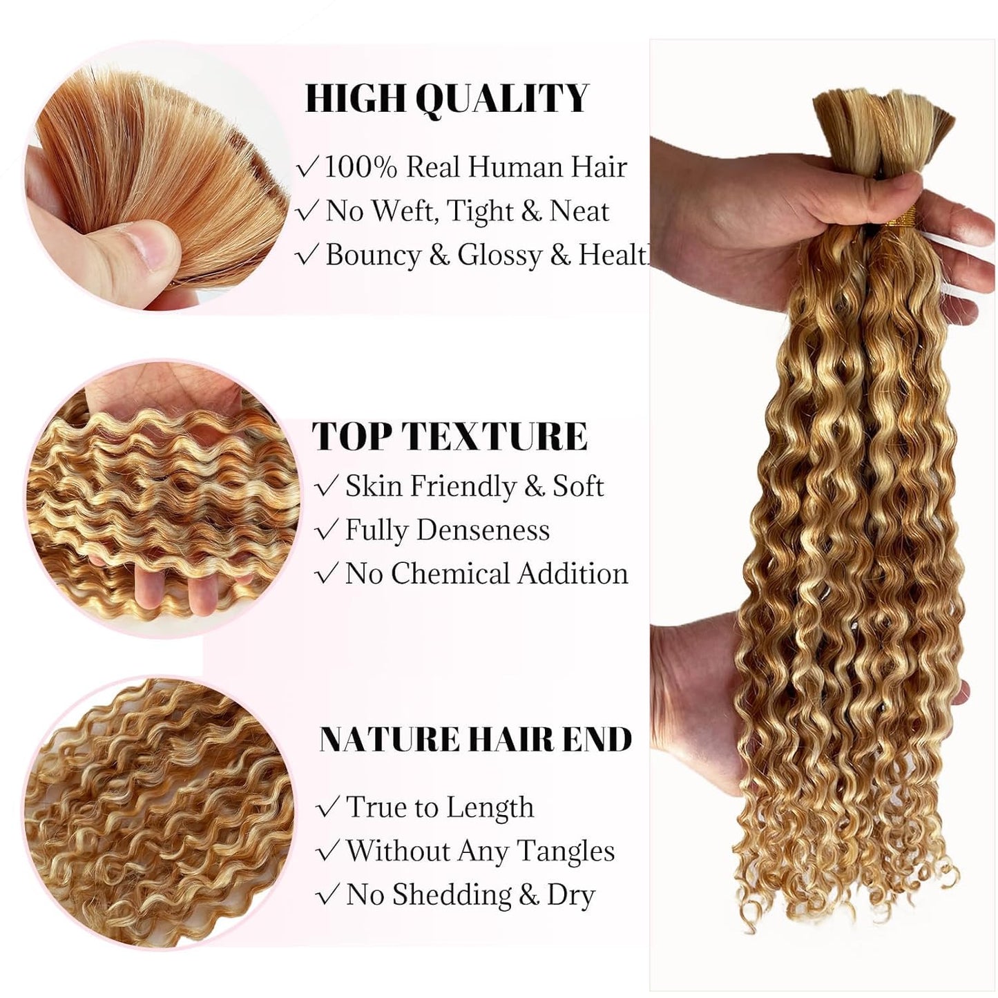 P27/613 Blonde Human Braiding Hair for Boho Braids 16 16 Inch 100g Deep Water Bulk Human Hair Knotless Boho Braiding Blonde Deep Curly No Weft Extensions 2 Bundles/Pack