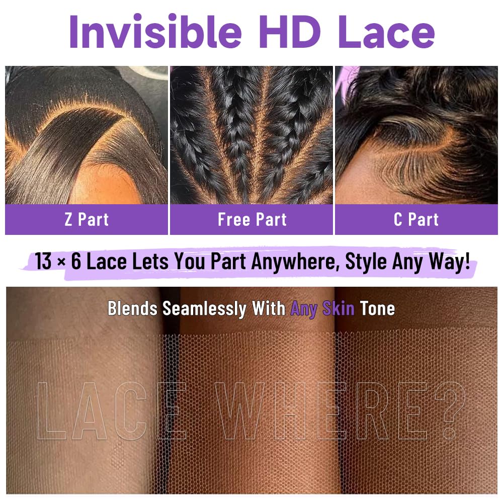 Leseater Lace Front Wigs Human Hair Pre Plucked Real Full Virgin Human Hair Wig HD Transparent Lace 200 Density Body Wave No Mixed With Synthetic Natural Black for Women Long 34 Inch