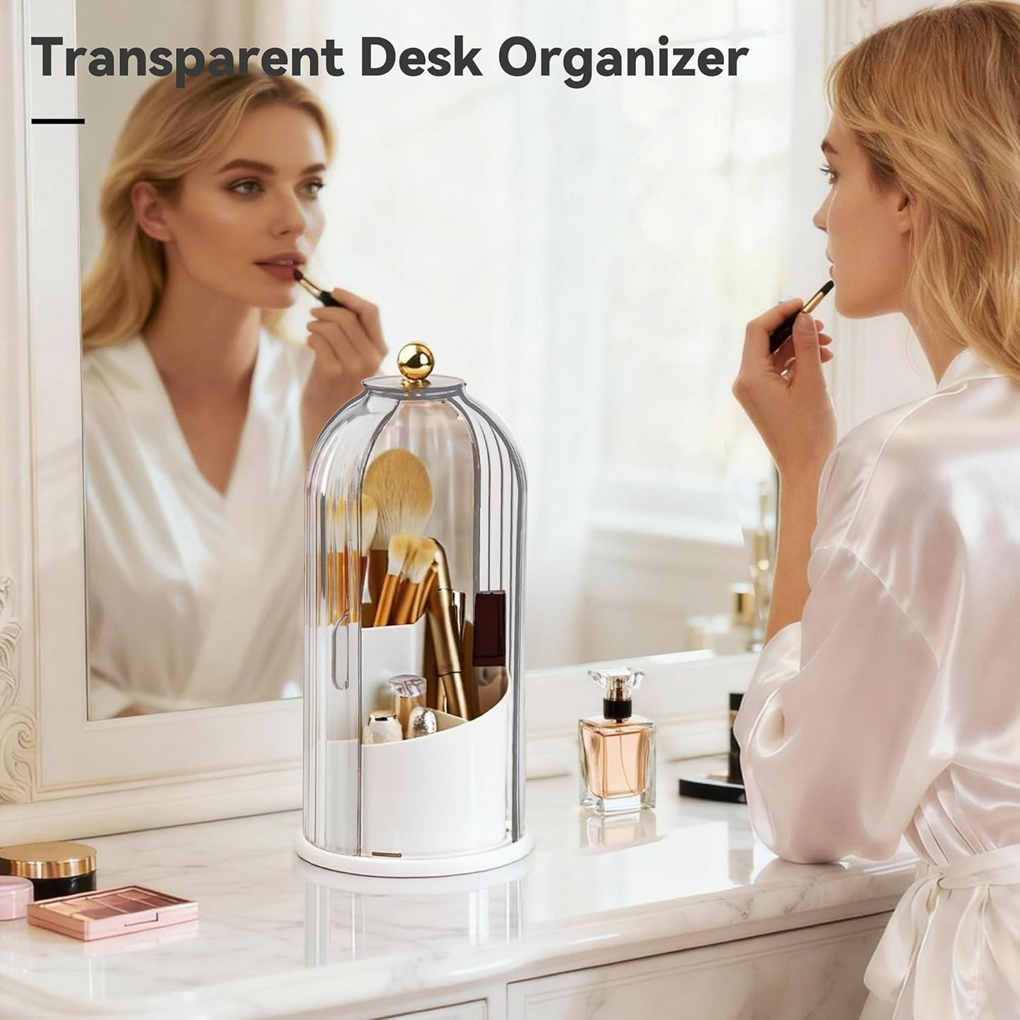 360° Rotating Makeup Brush Holder - Waterproof Three-Compartment Organizer | Dustproof Vanity Storage (Transparent)