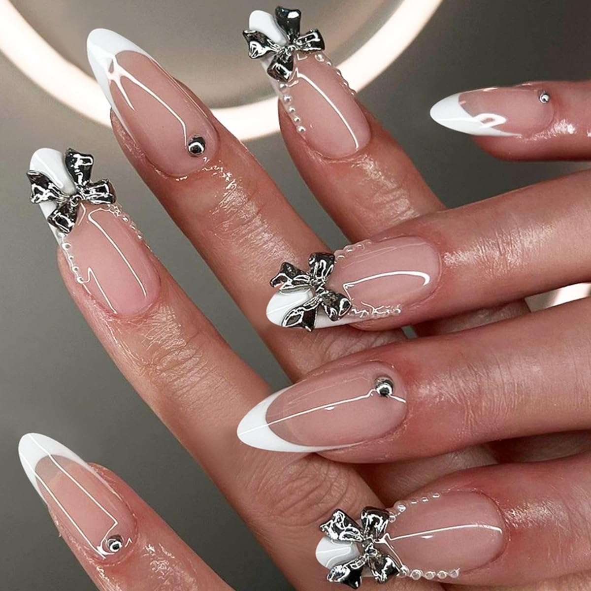 Press On Nails Almond - Medium Aurora Design Full Cover Fake Nails | 24 Pcs White Stick-On for Women