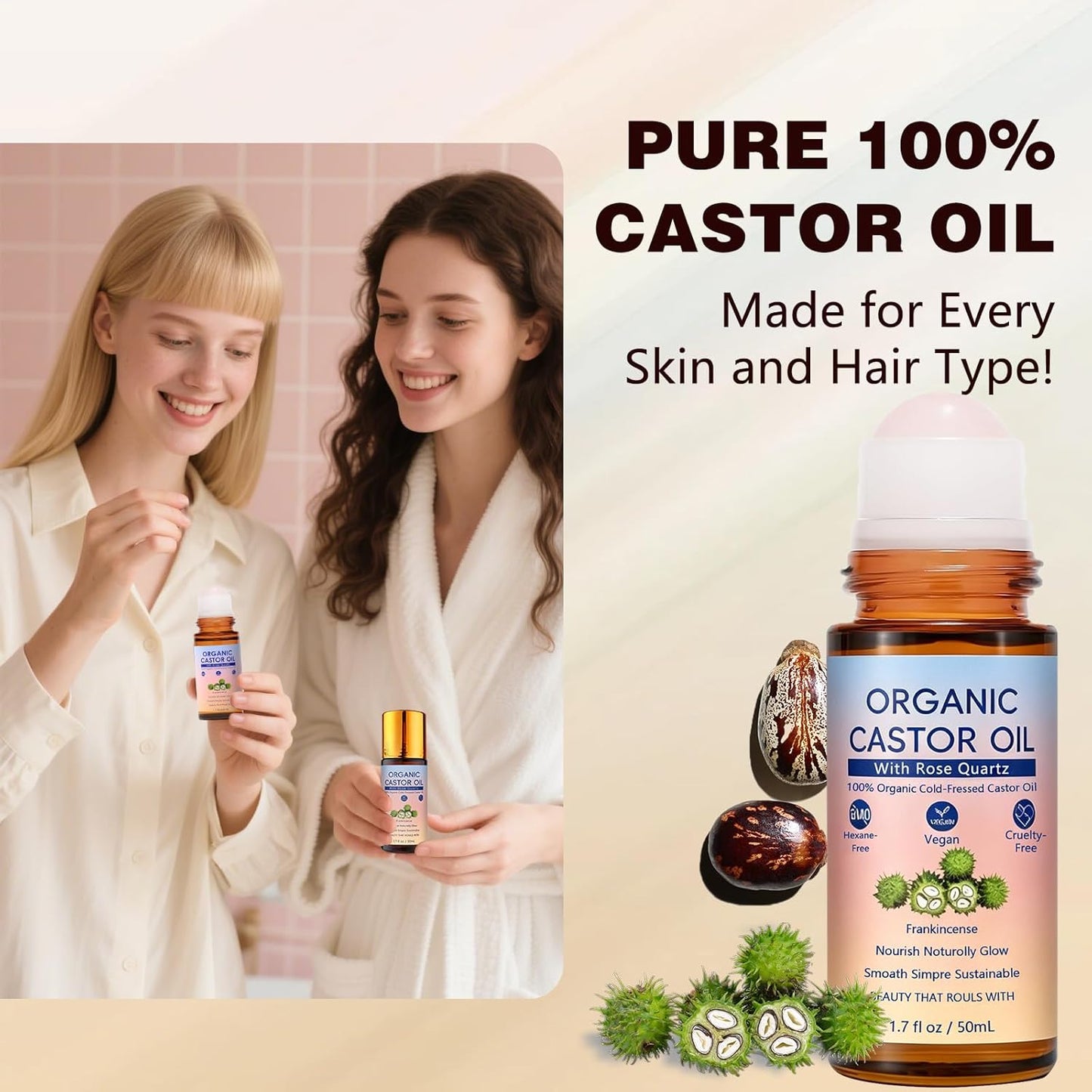 Organic Castor Oil Roll-On with Rose Quartz Roller Ball - Cold Pressed Moisturizing Beauty Oil for Brows, Lashes & Skin