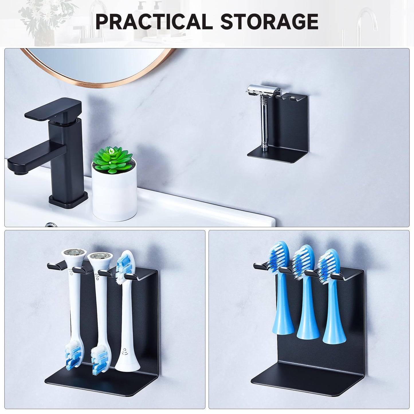 Electric Toothbrush Head Holder, Oukimly Toothbrush Holder Wall Mounted or Desktop, Metal Tooth Brush Holder, Shower Brush Head Holder, Electric Toothbrush Holder for Bathroom (Black, Small)