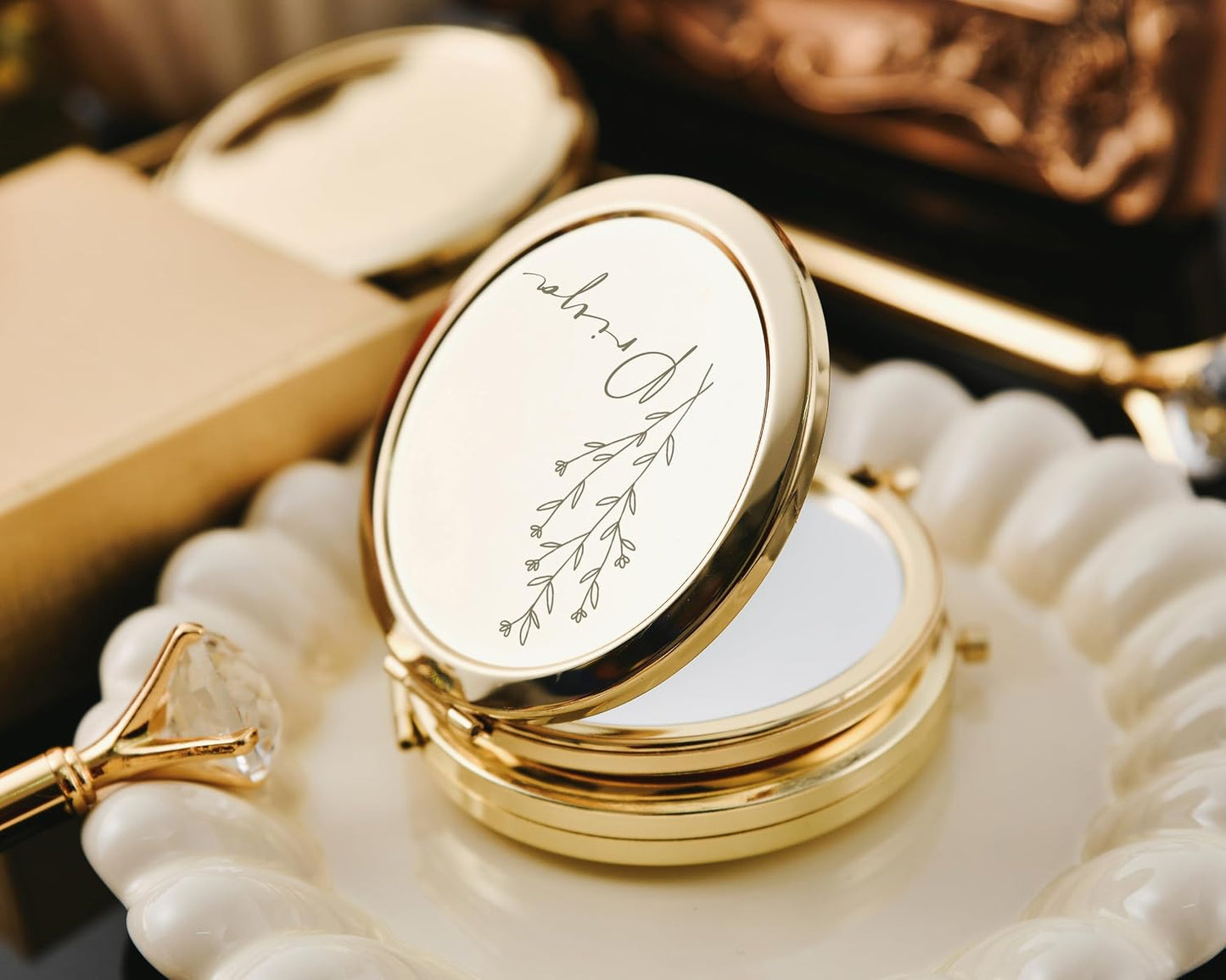 Custom Engraved Floral Compact Mirror - Personalized Bridesmaid Gift | Monogrammed Pocket Mirror for Weddings
