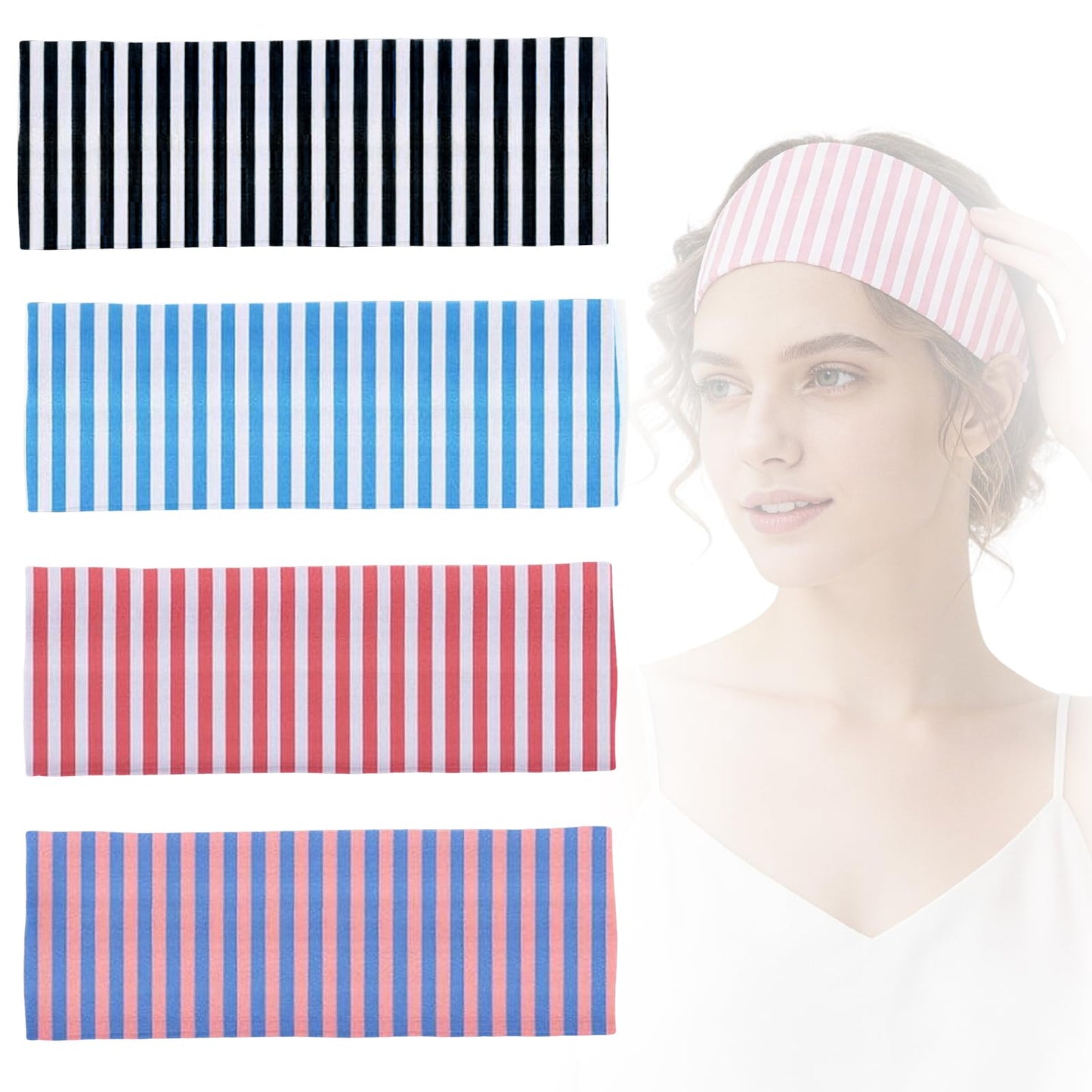 Aoiafrk 4PCS Striped Headband, Wide Headbands Non Slip Elastic Stretchy Bandanas for Workout Yoga Running, Fashion Hair Accessories for Women