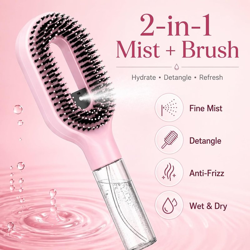 Misting Hair Brush - 2-in-1 Detangling Wet & Dry Brush with Fine Mist Sprayer | Anti-Frizz, Refillable Reservoir (Black)