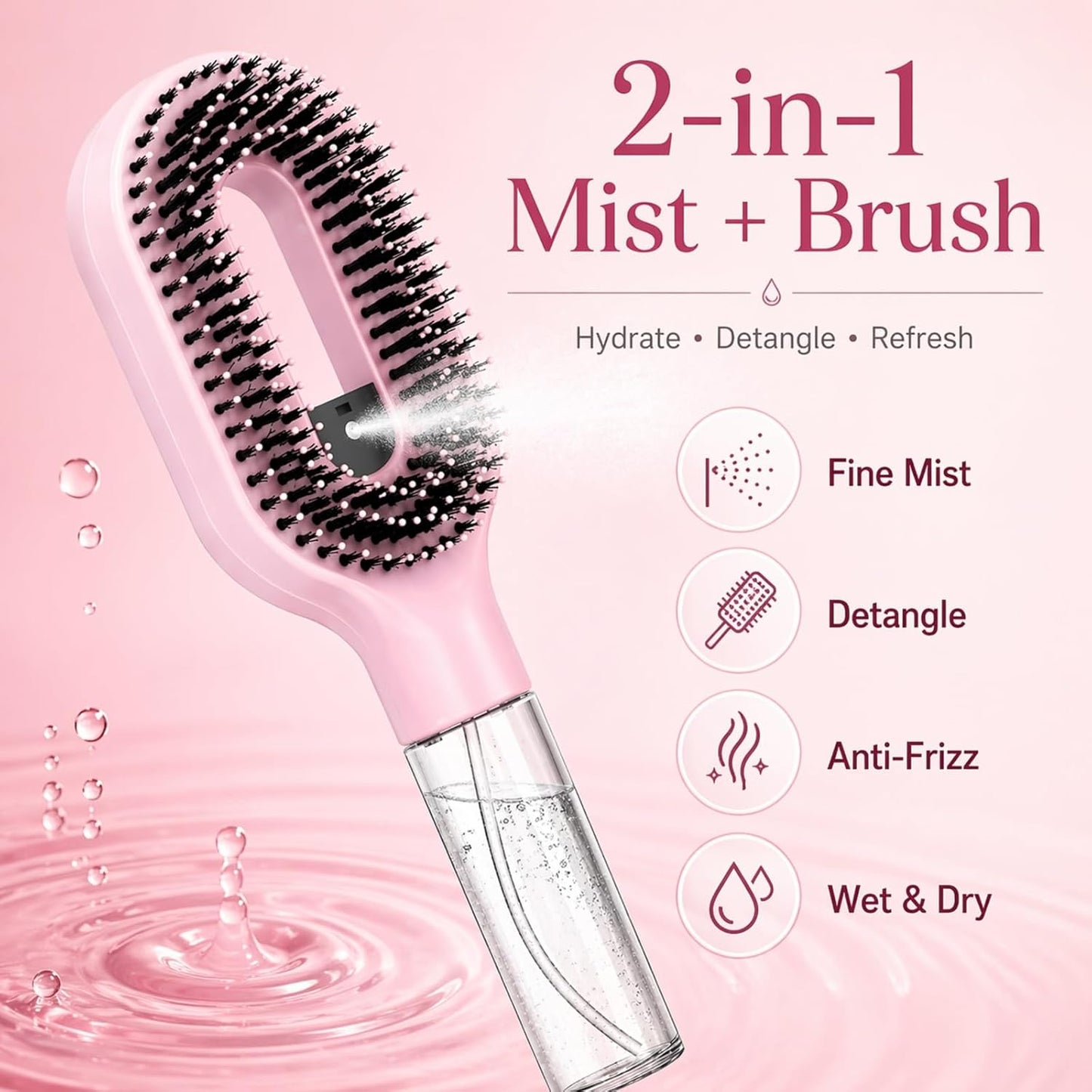 2-in-1 Manual Misting Hair Brush - Non-Electric Detangling Tool for Wet & Dry Hair | Anti-Frizz, Fine Mist Sprayer (Pink)