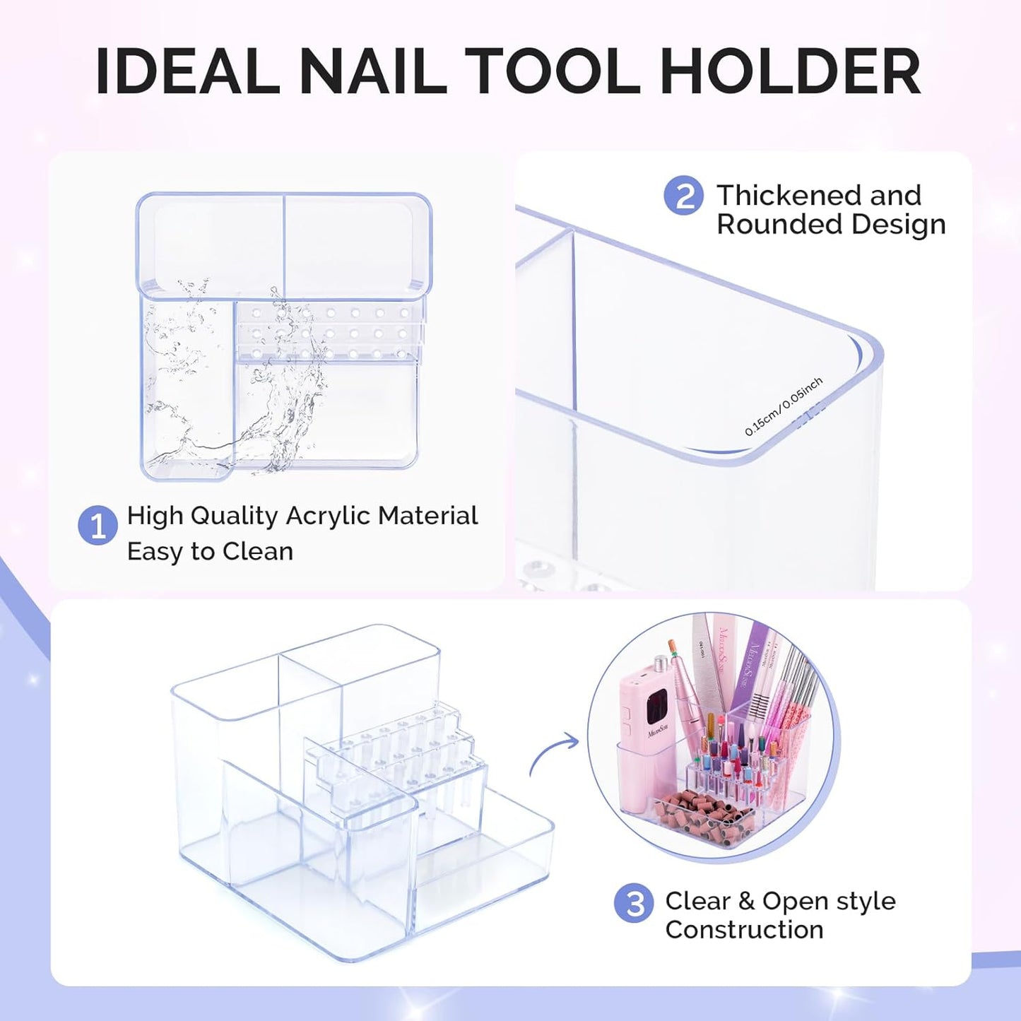 Nail Drill Holder - 21 Holes Acrylic Storage Box for Manicure Tools | Clear Organizer for Efile Accessories