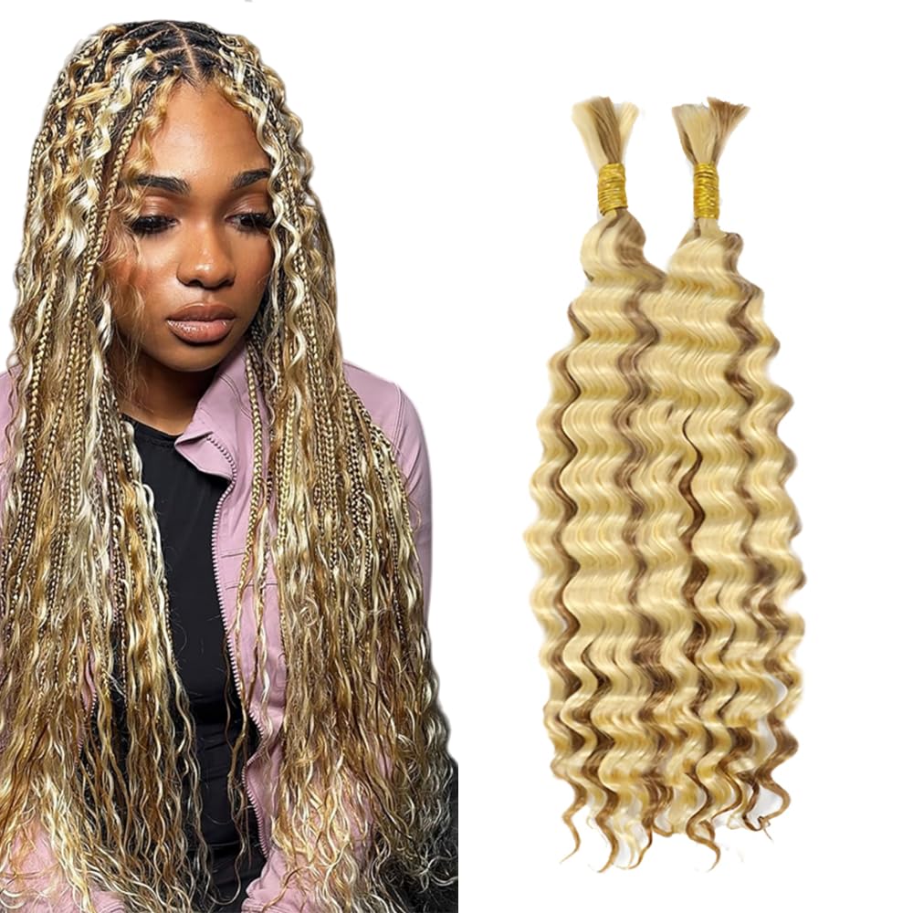 26 26 Inch 613 Boho Human Hair Blonde Boho Hair For Braiding Highlight Blonde Braiding Pre Stretched Deep Curly Wave Ombre 613 Braids No Weft HuxoWax Color 613 Braids