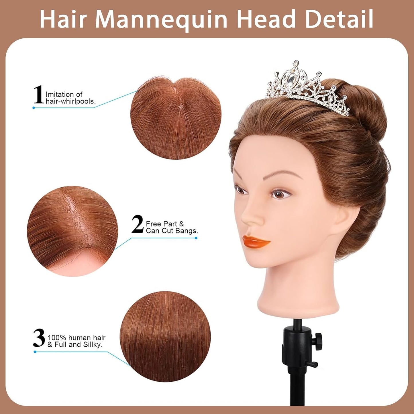 Real Hair Mannequin Head for Cosmetology | 100% Human Hair Styling Practice Doll with Clamp Holder (Dark Brown)