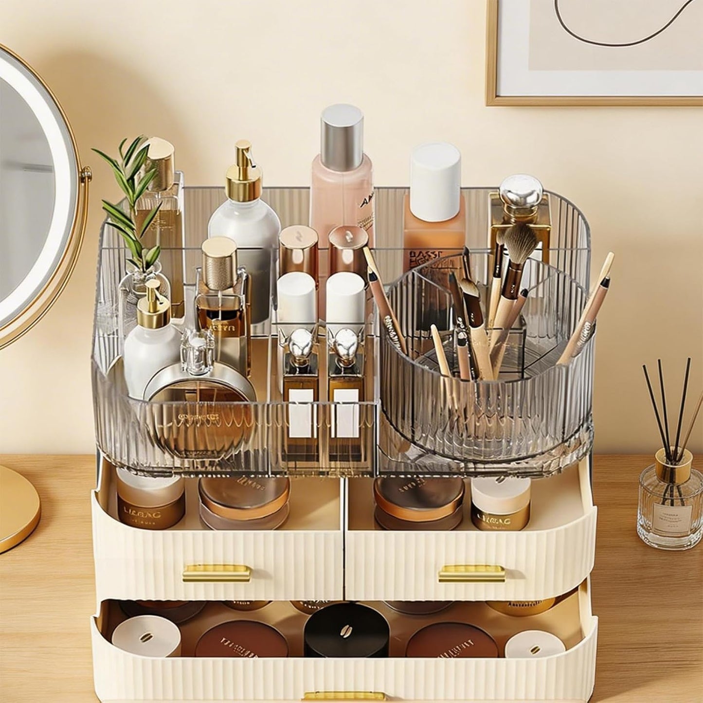 3-Layer Makeup Organizer - Clear Vanity Desk Storage with Drawers & Dividers | Perfect for Skincare & Perfume
