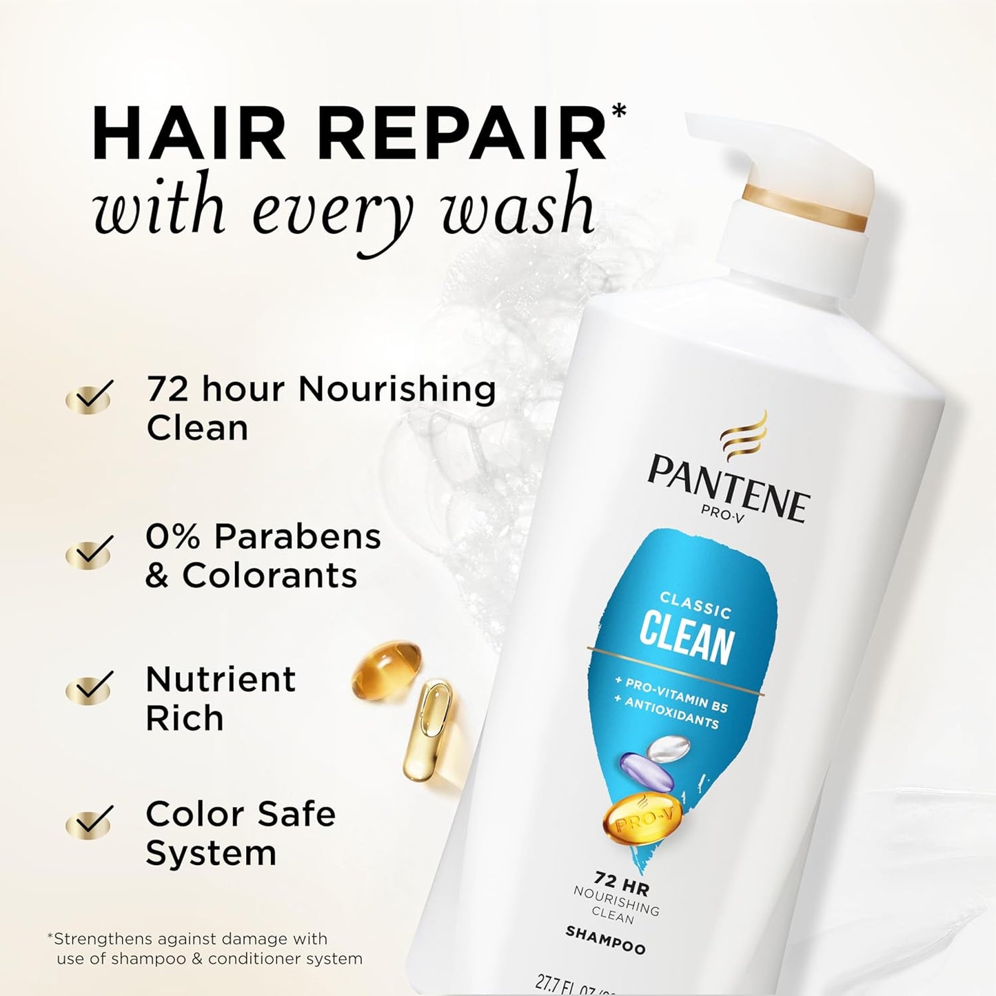 Pantene Shampoo - Classic Clean Pro-V for Dry, Color-Treated Hair | Antioxidant-Rich, 27.7 Fl Oz