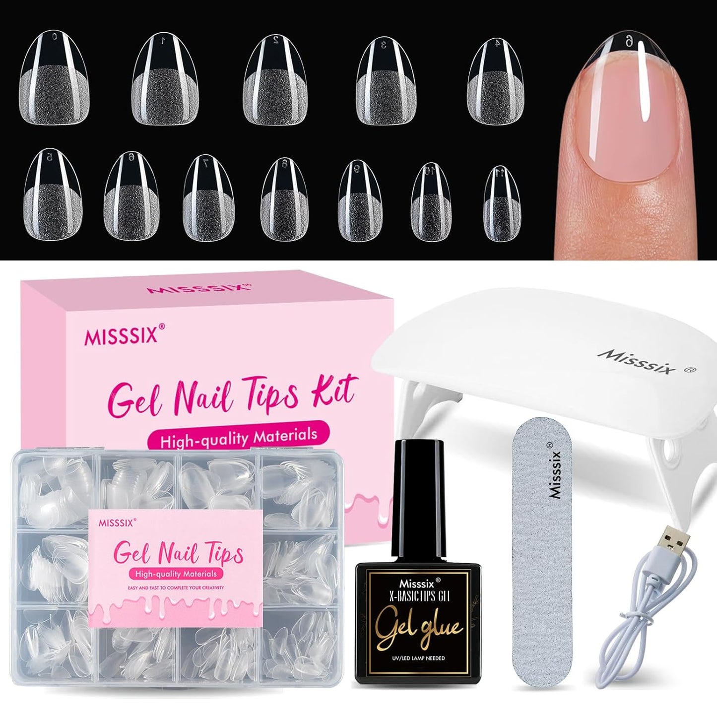 Almond Gel Nail Tips Kit - 216 Pre-Etched Clear Fake Nails | 9-in-1 Gel Glue & Mini UV Lamp for Women, 12 Sizes