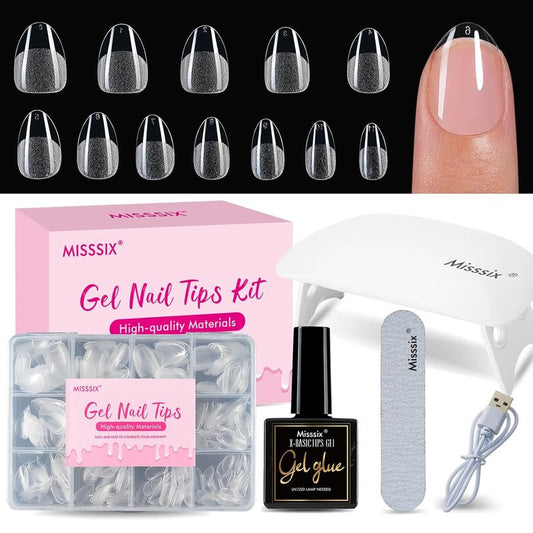 Almond Gel Nail Tips Kit - 216 Pre-Etched Clear Fake Nails | 9-in-1 Gel Glue & Mini UV Lamp for Women, 12 Sizes