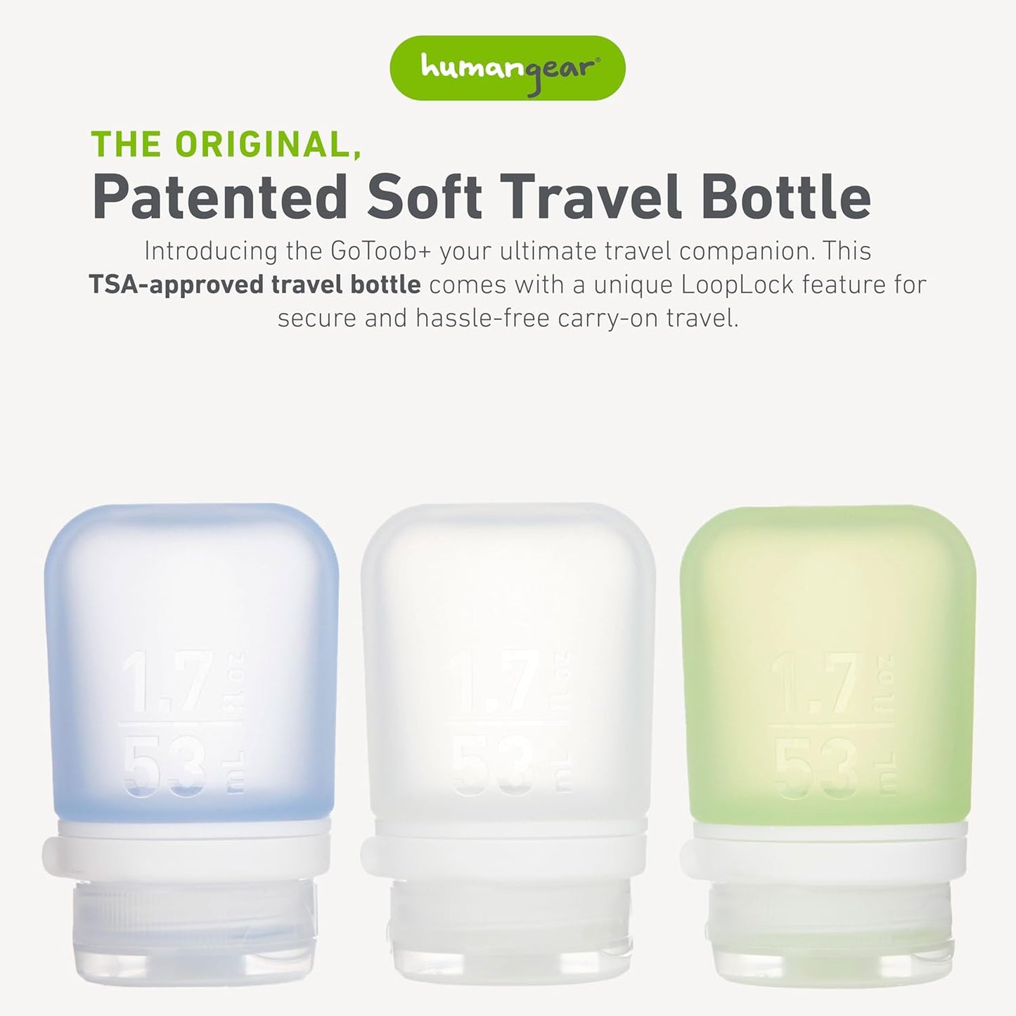 GoToob+ Travel Bottles - Silicone Leak-Proof Toiletry Tubes | 3-Pack Small (1.7 fl oz) - Clear/Green/Blue