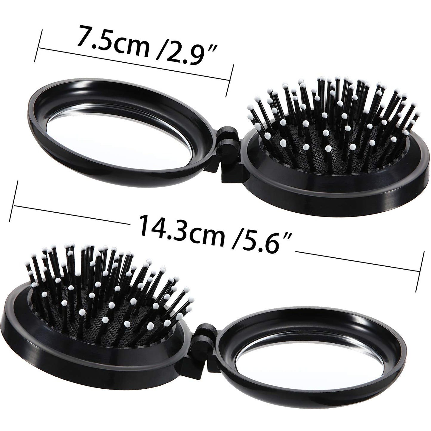 Boao 2 Pack Foldable Travel Mirror Hair Brushes Round Portable Folding Pocket Hair Brush Mini Comb Compact Travel Size Massage Comb for Men Women(Black,Round)