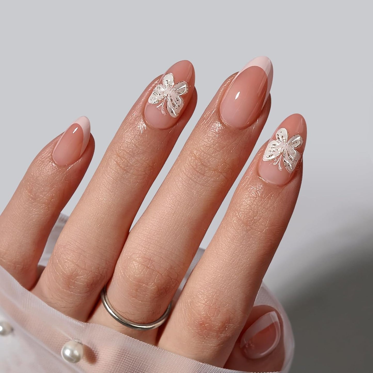 Press On Nails - 3D Butterfly French Tip Almond Design | Opaque Soft Gel, 16 Sizes, 32 Nail Kit