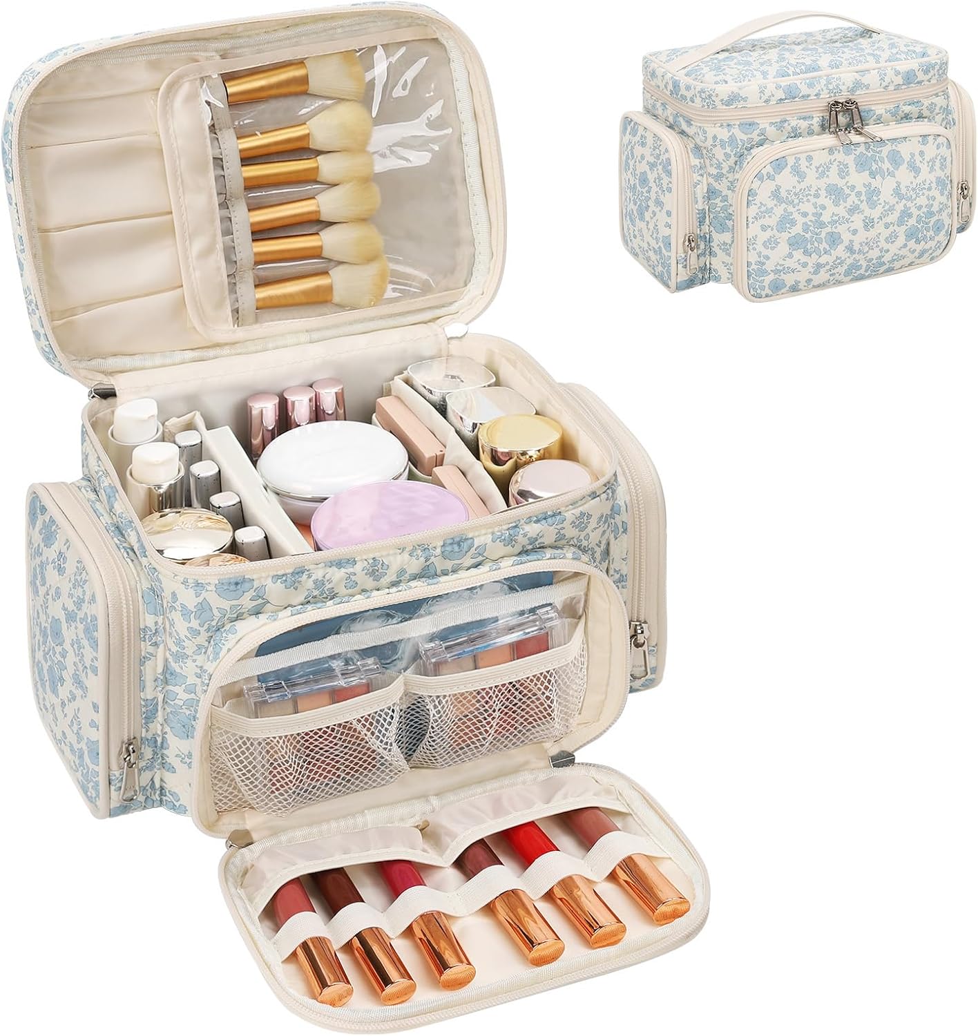 Large Makeup Bag Organizer for Women - Portable Travel Cosmetic Bag with Brush Compartment & Side Pockets | Black