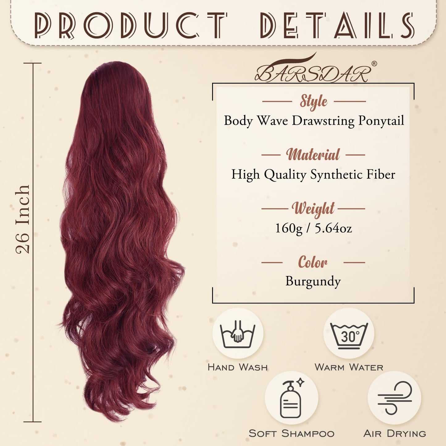 BARSDAR Burgundy Red Ponytail Extension - 26 Inch Long Wavy Drawstring Ponytail Hair Extensions for Women - Voluminous Natural Looking Synthetic Clip in Pony Tails Hairpieces - Burgundy