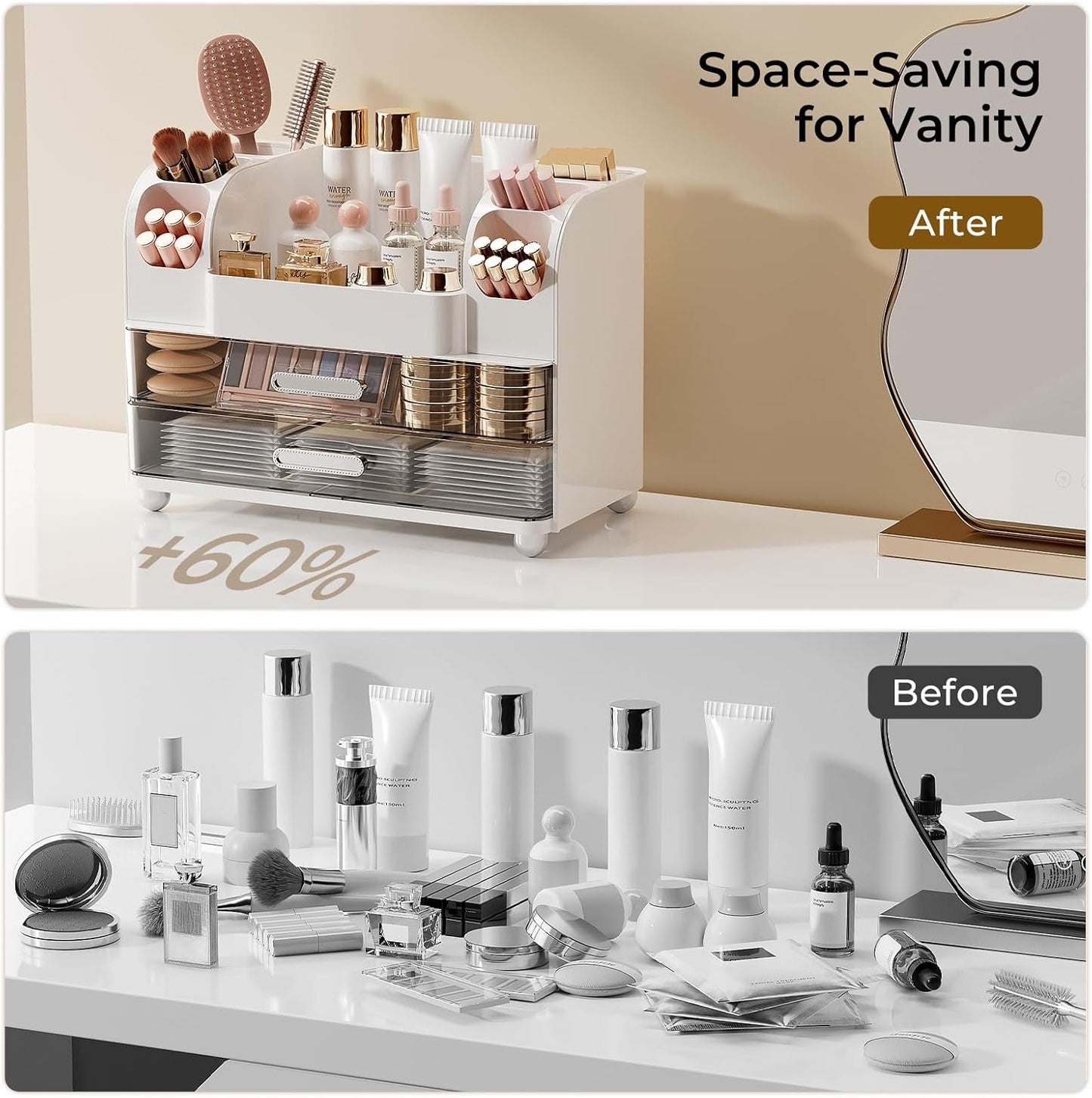 Makeup Organizer for Vanity - 2 Large Drawers & Brush Holders | White Cosmetic Display Case for Skincare & Perfume
