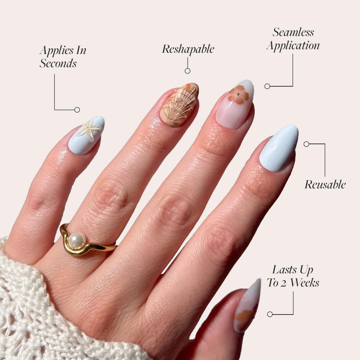 Glamnetic Press On Nails - Sea Star | Short Almond Seashell Fake Nails with 3D Nail Art, Salon Quality | 15 Sizes - 30 Nail Kit with Glue