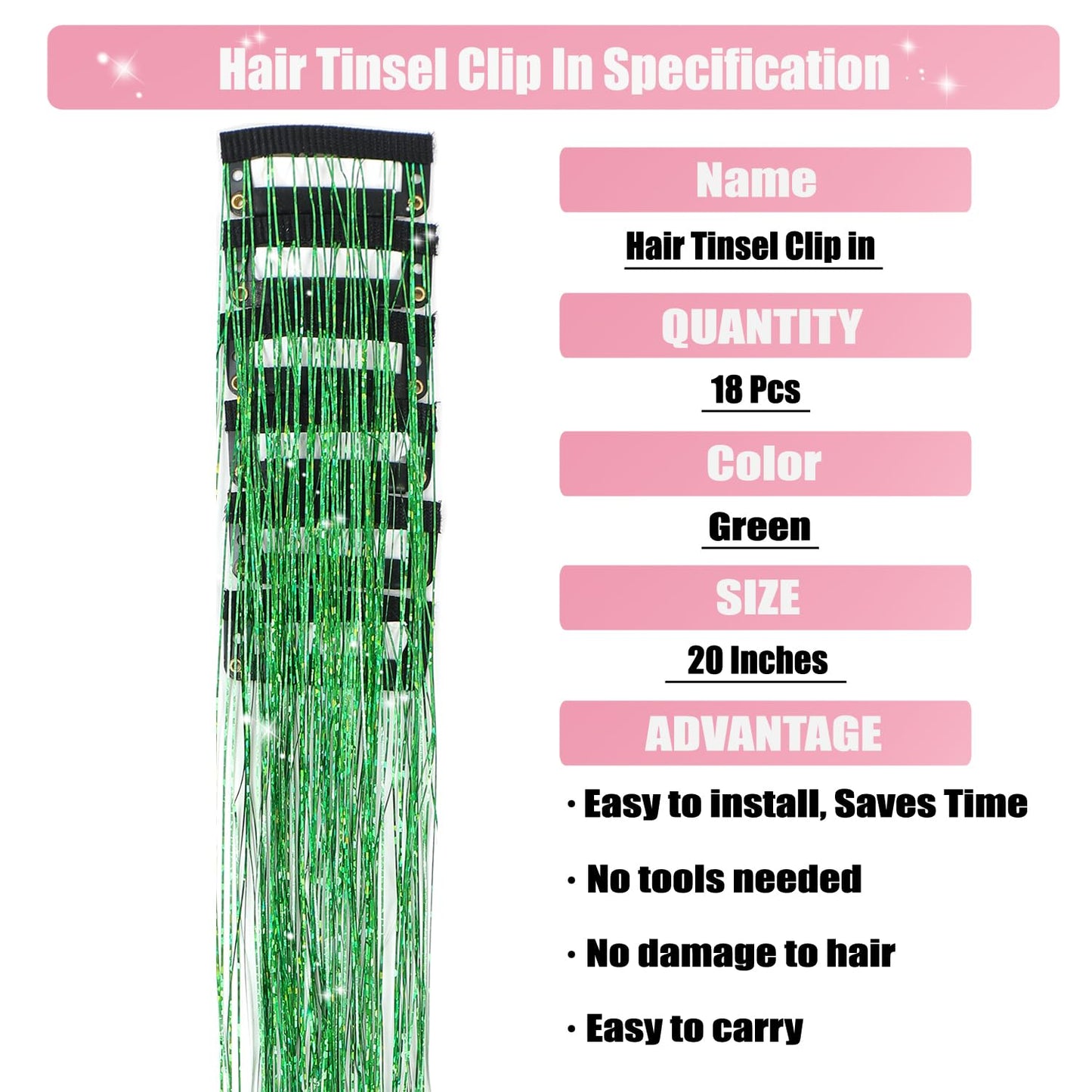 Aokomisu Hair Tinsel Pack of 18 Pcs Hair Tinsel Clip in 20 Inch Clip in Hair Tinsel Kit Glitter Tinsel Hair Extensions Fairy Dazzle Hair Accessories for Girls Kids Women (Green)
