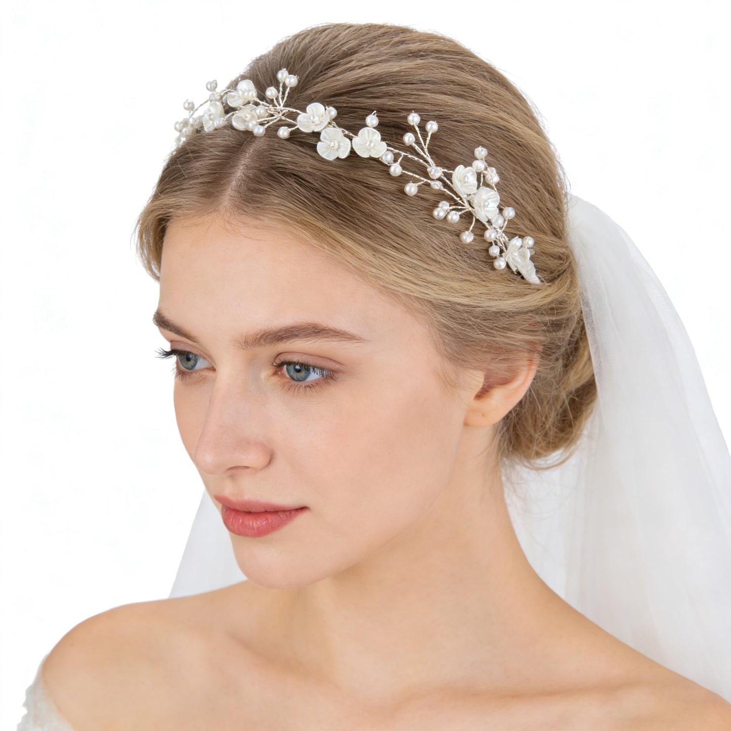 527&huan White Flowers Pearls Bridal Headband, Handmade Silver Wire Woven Wedding Hair Vine with Satin Ribbon, Lightweight Wedding Hair Accessory for Bride Flower Girl Bridesmaid Prom Pageant